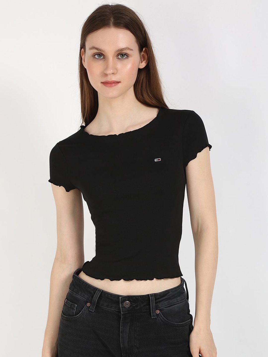 

Tommy Hilfiger Women Solid Round Neck Cotton Slim Fit T-shirt, Black