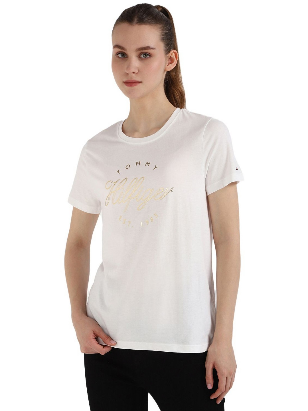 

Tommy Hilfiger Women Typography Printed Round Neck Cotton T-shirt, Off white
