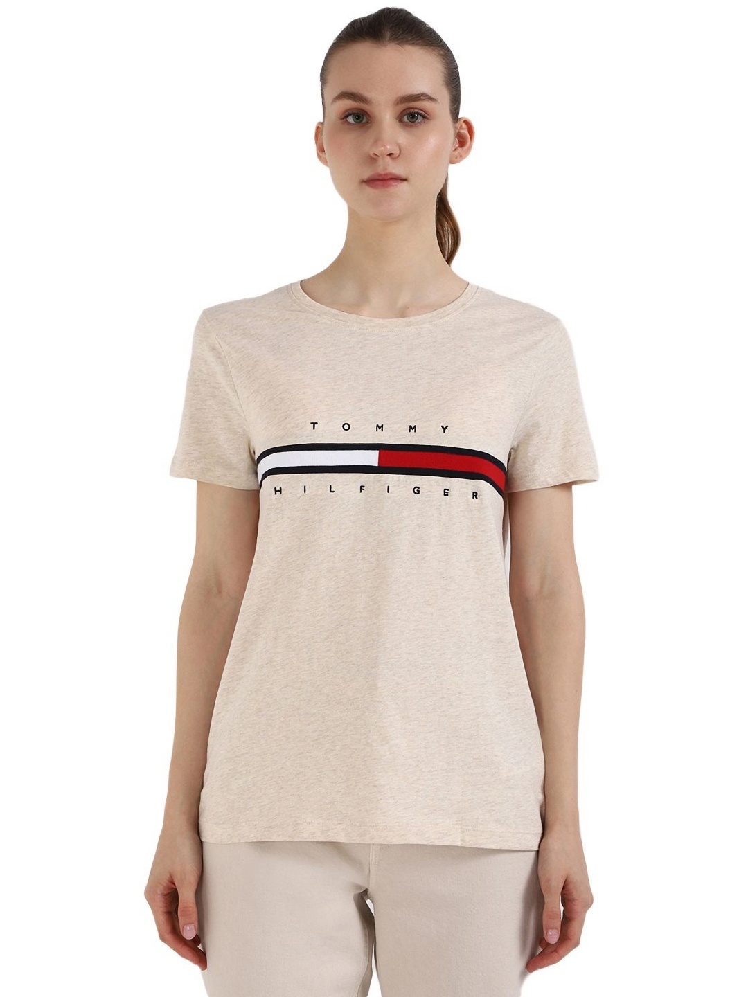 

Tommy Hilfiger Women TINA MADISON Typography Printed Round Neck Cotton T-shirt, Beige