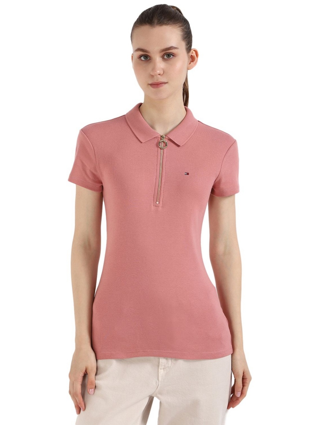 

Tommy Hilfiger Women Solid Polo Collar Cotton Slim Fit T-shirt, Peach