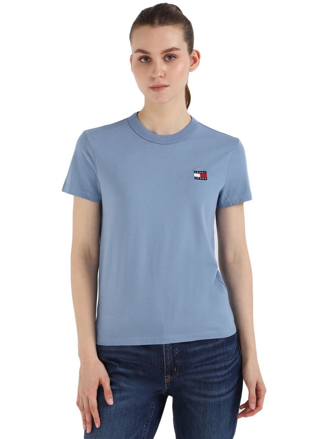 

Tommy Hilfiger Women TJW Solid Round Neck Cotton T-shirt, Blue