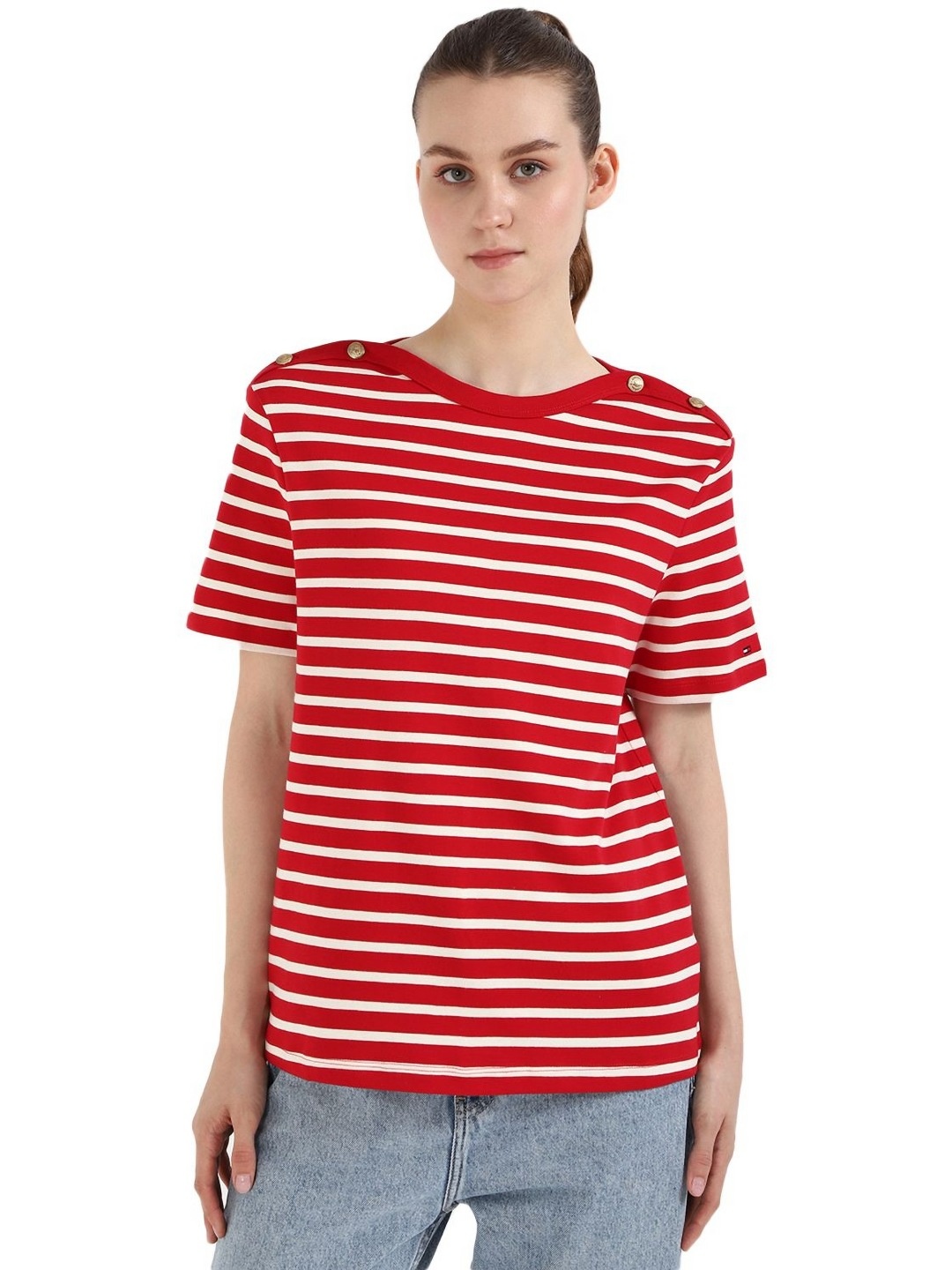 

Tommy Hilfiger Women Striped Round Neck Short Sleeves T-shirt, Red