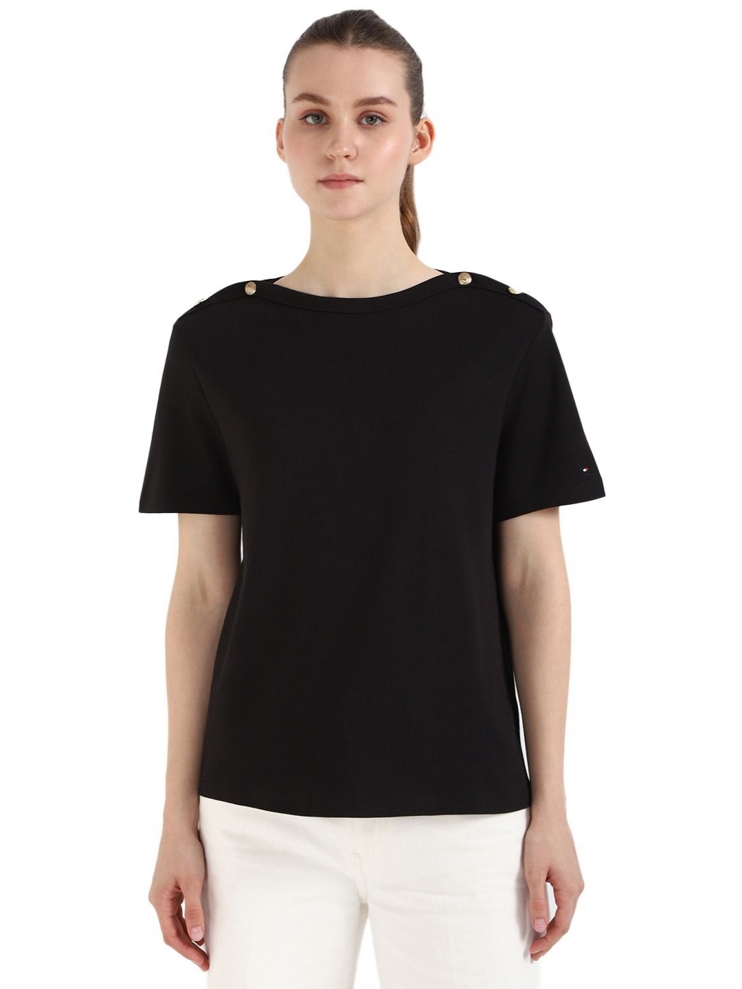 

Tommy Hilfiger Women Solid Round Neck Cotton T-shirt, Black