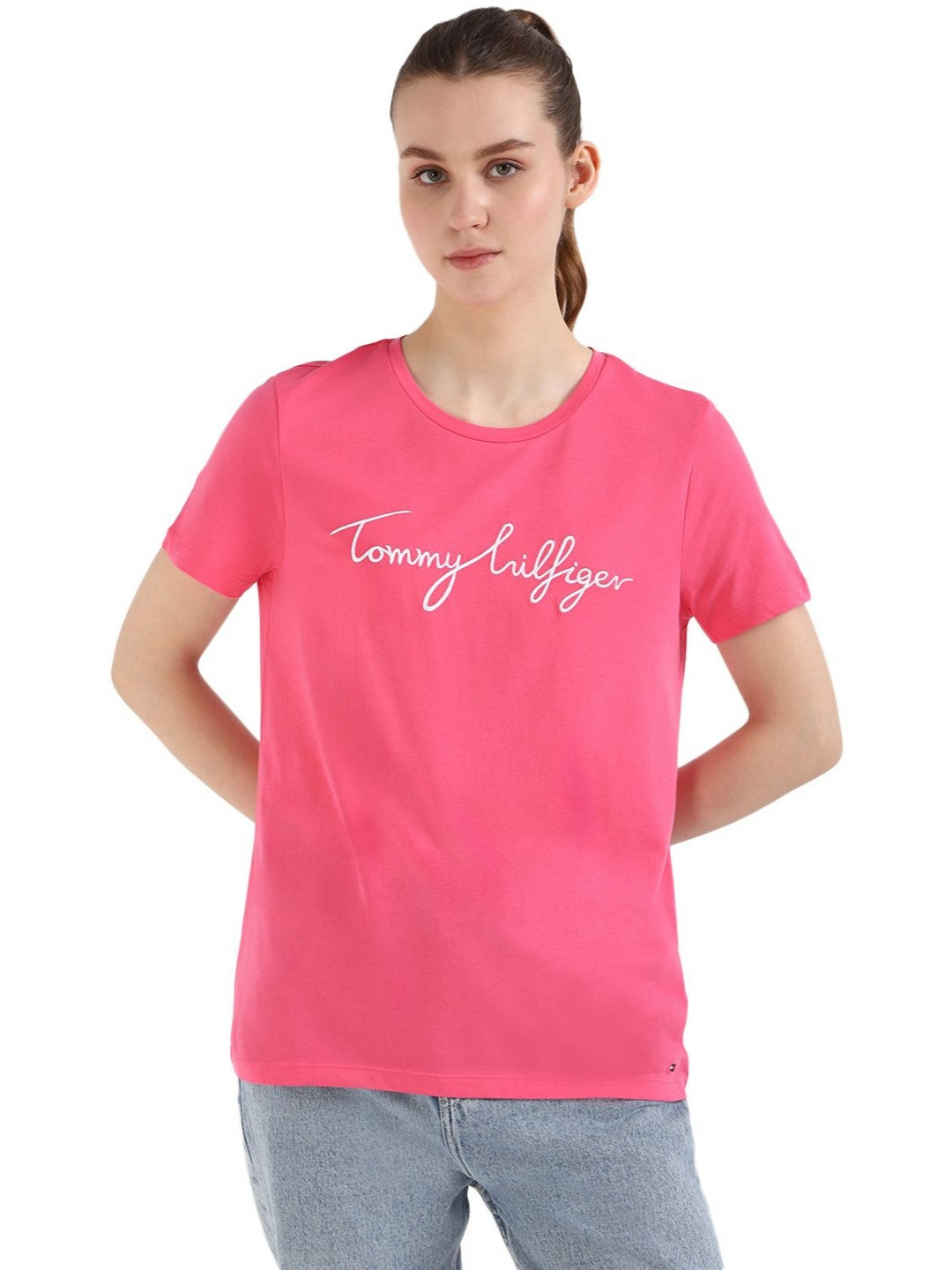 

Tommy Hilfiger Women Typography Printed Round Neck Cotton T-shirt, Pink