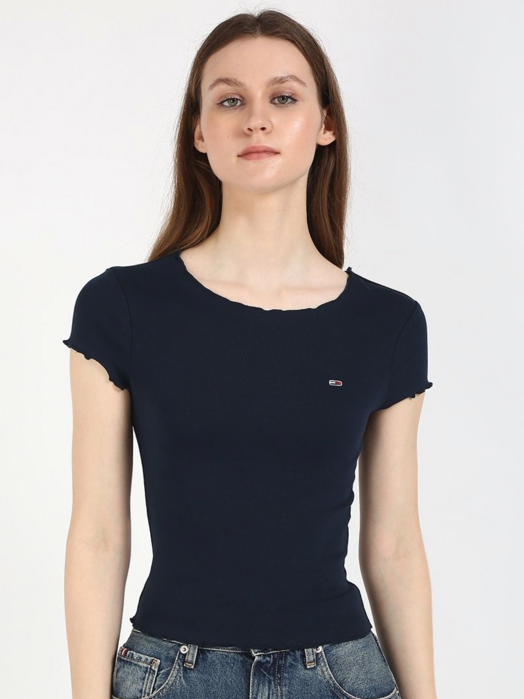 

Tommy Hilfiger Women TJW Solid Round Neck Cotton Slim Fit T-shirt, Navy blue