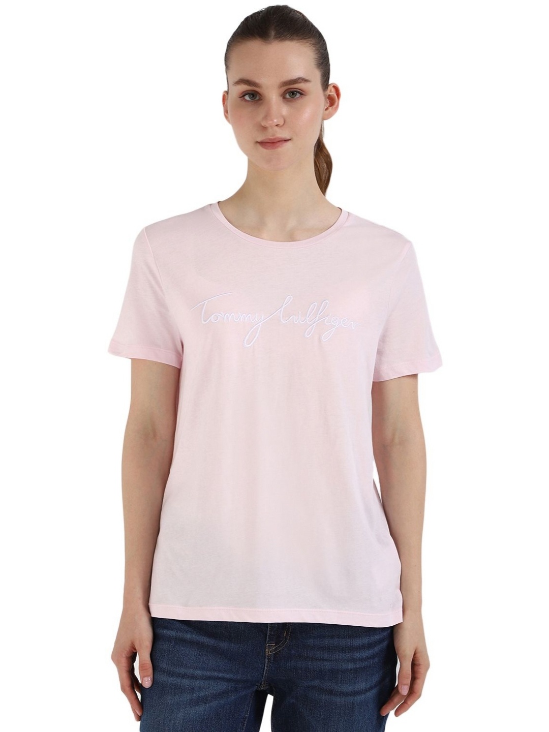 

Tommy Hilfiger Women Typography Printed Round Neck Cotton T-shirt, Pink