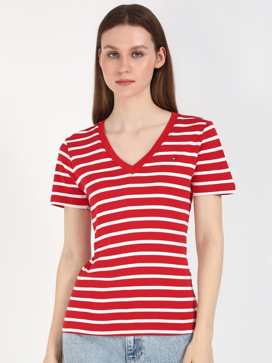 

Tommy Hilfiger Women Striped V-Neck Cotton Slim Fit T-shirt, Red