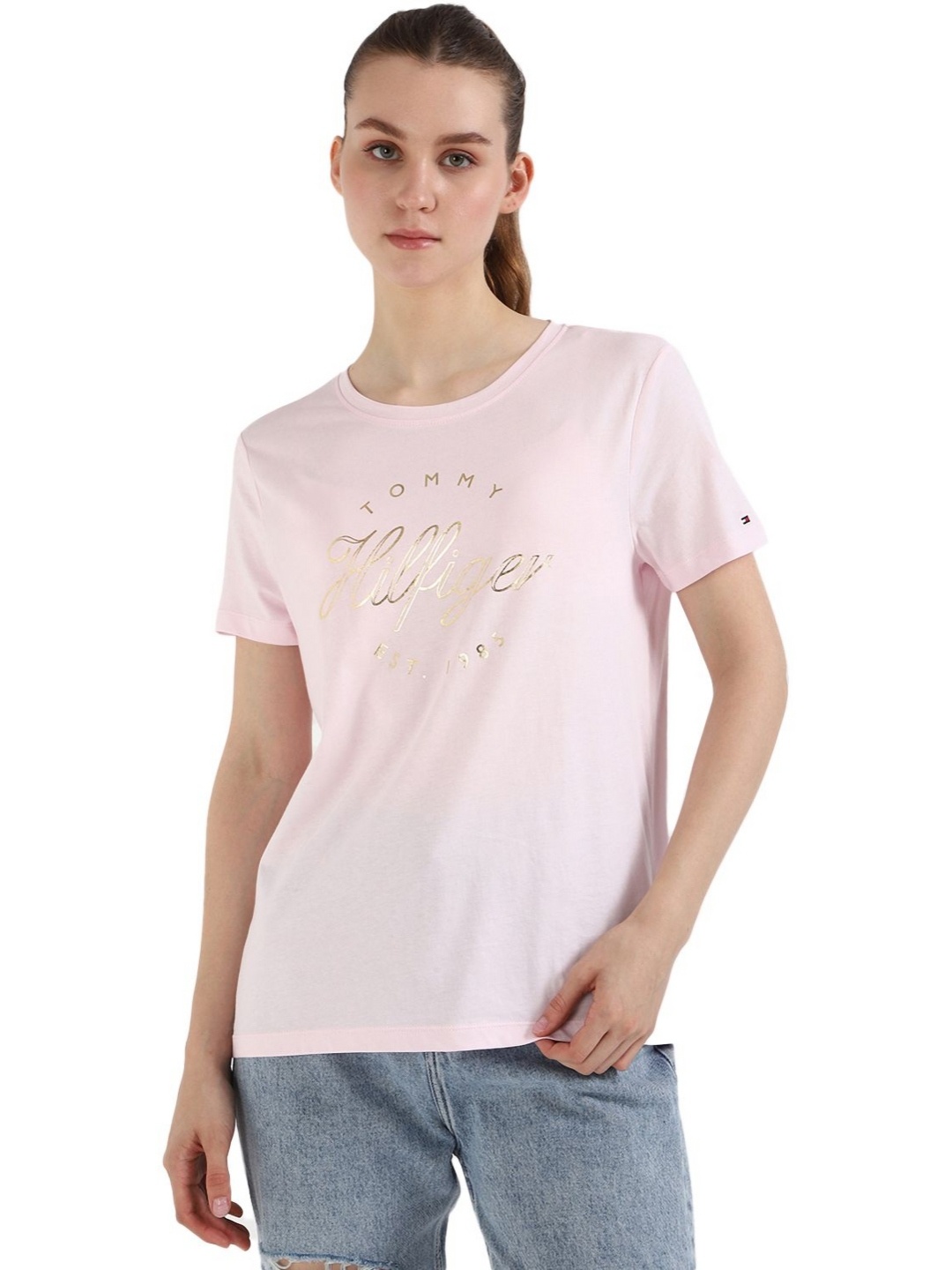 

Tommy Hilfiger Women Typography Printed Round Neck Cotton T-shirt, Pink