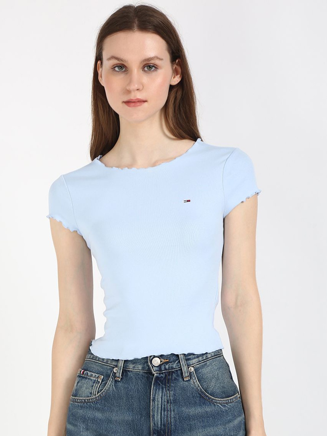 

Tommy Hilfiger Women Solid Round Neck Cotton Slim Fit T-shirt, Blue