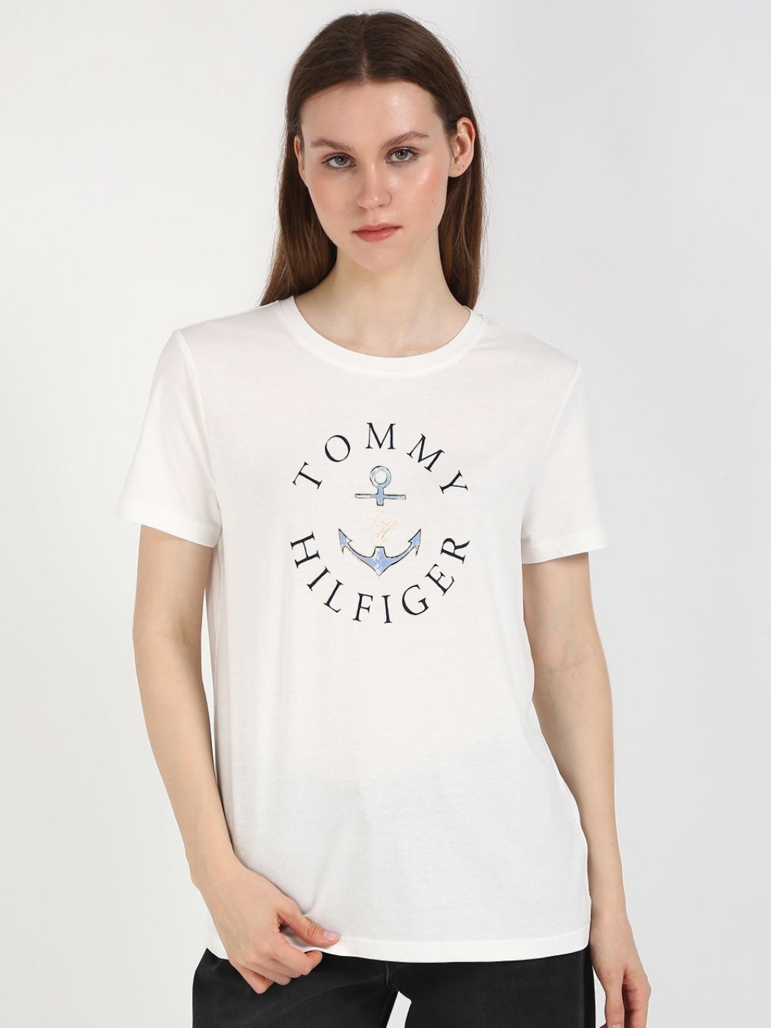 

Tommy Hilfiger Women SABINE Typography Printed Round Neck Cotton T-shirt, Off white