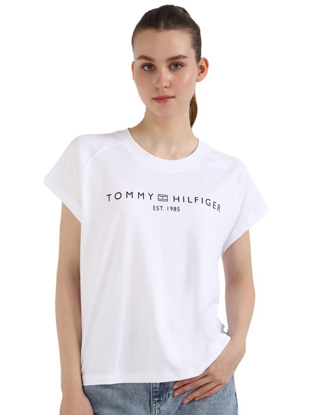 

Tommy Hilfiger Women MDRN Typography Printed Round Neck Cotton Relaxed Fit T-shirt, White