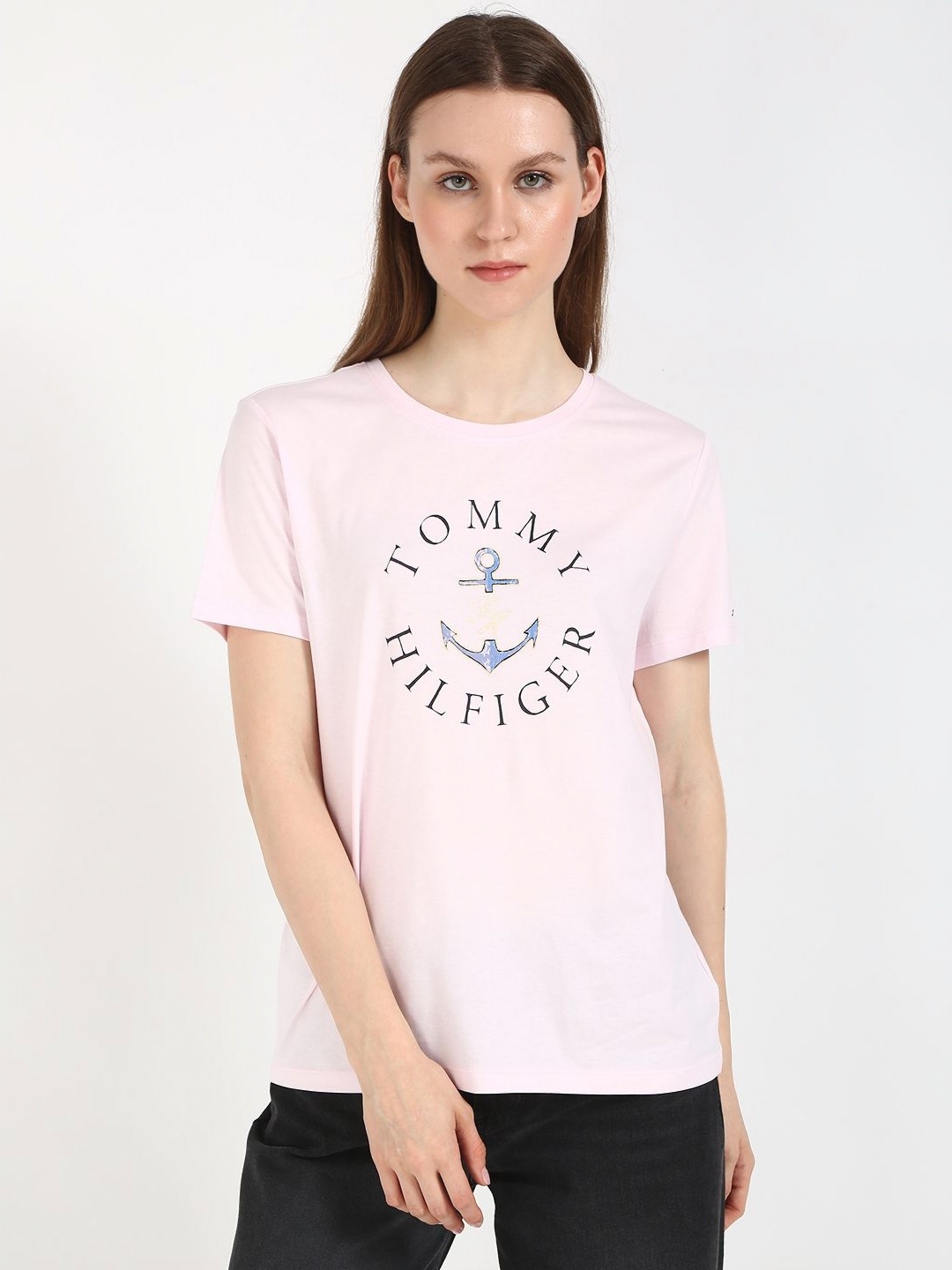 Tommy Hilfiger Women SABINE Typography Printed Round Neck Cotton T-shirt, Pink