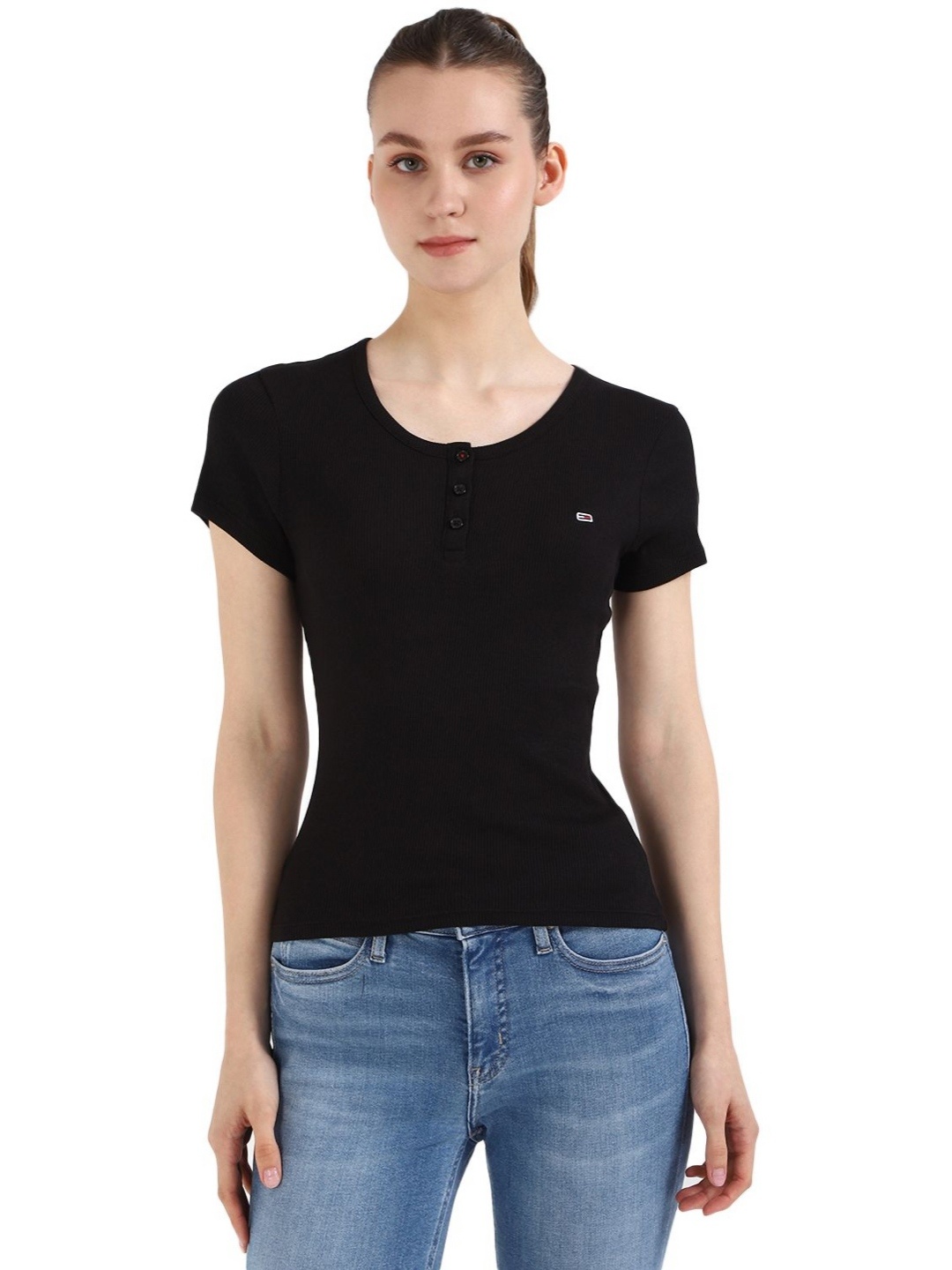 

Tommy Hilfiger Women Solid Round Neck Cotton Slim Fit T-shirt, Black