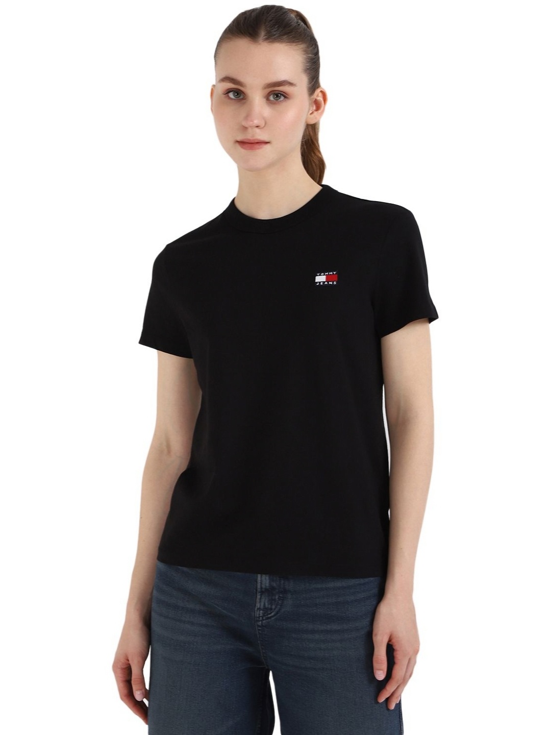 

Tommy Hilfiger Women Solid Round Neck Cotton T-shirt, Black