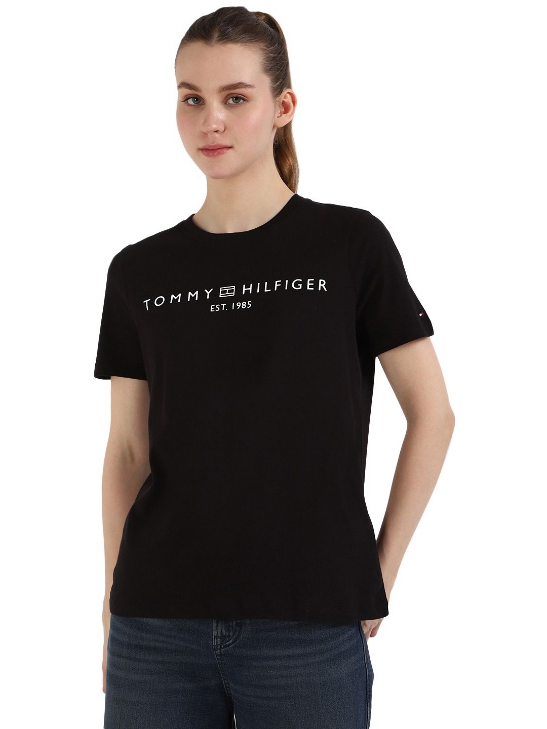 

Tommy Hilfiger Women Typography Printed Round Neck Cotton T-shirt, Black