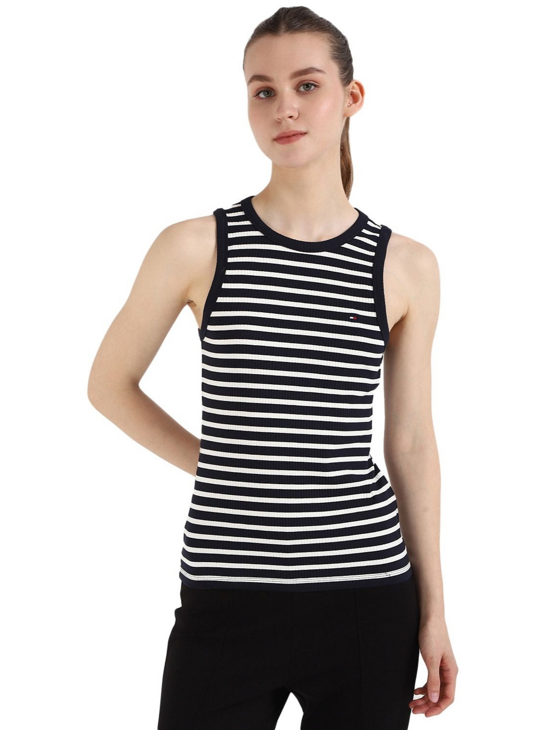 

Tommy Hilfiger Women Striped Round Neck Cotton T-shirt, Black