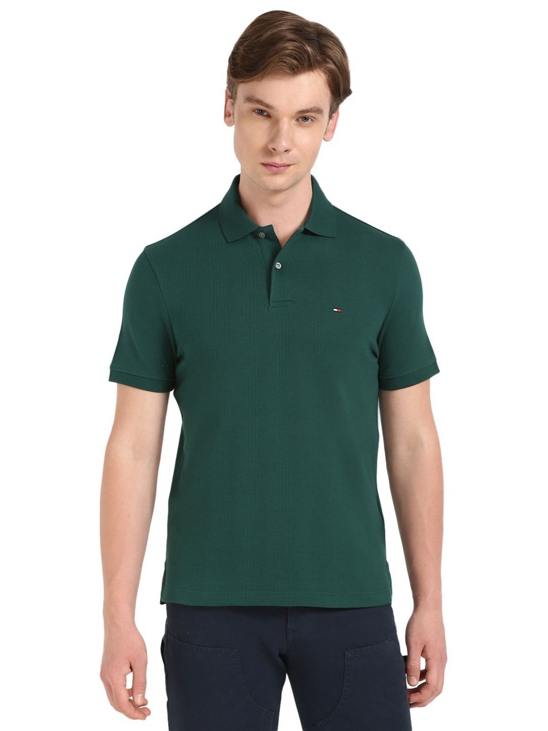 

Tommy Hilfiger Men PIQUE Self Design Polo Collar Cotton T-shirt, Olive