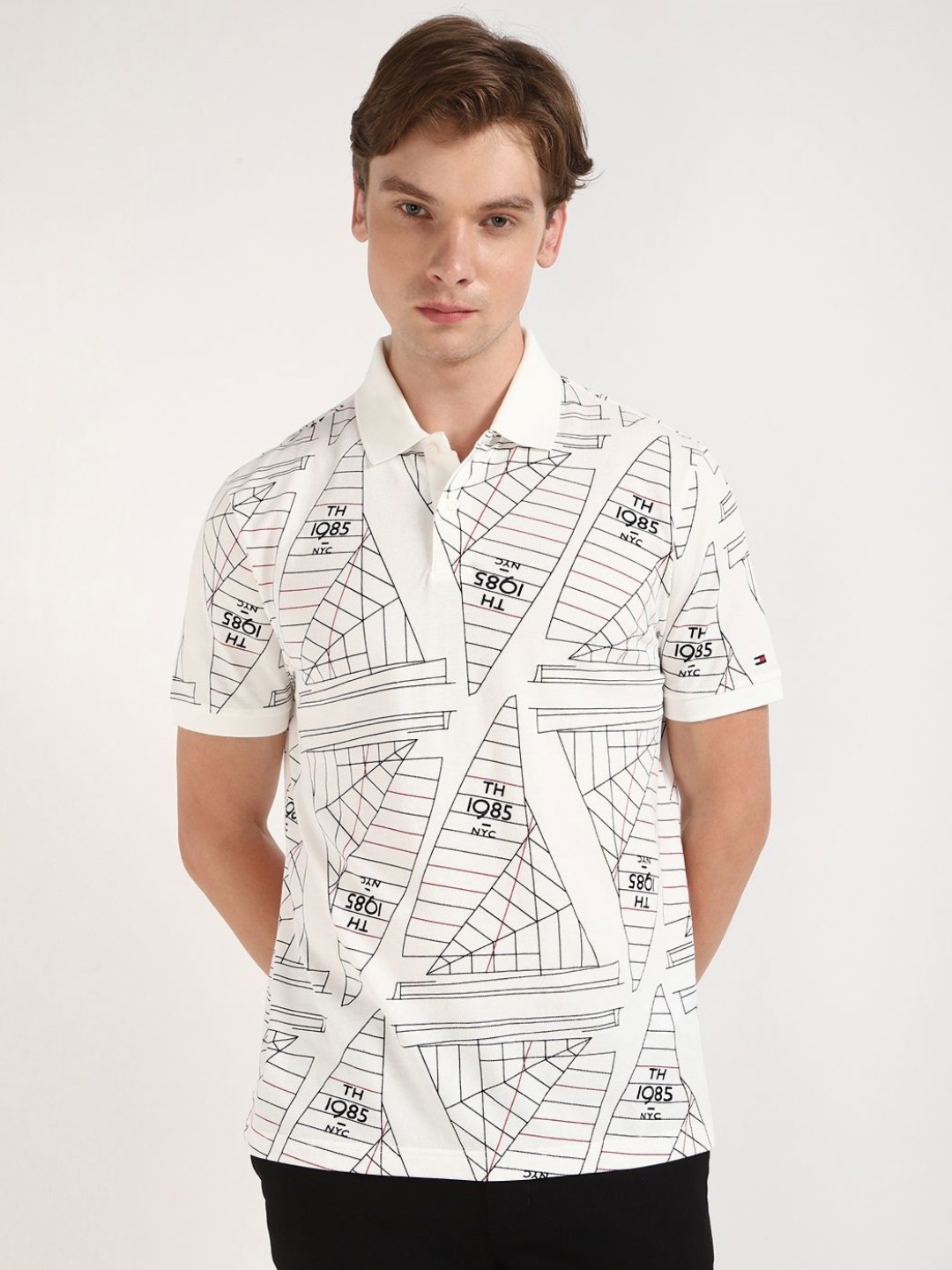 

Tommy Hilfiger Men Geometric Printed Polo Collar Cotton T-shirt, Off white