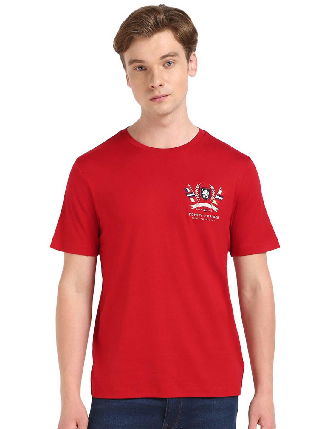 

Tommy Hilfiger Men Graphic Printed Round Neck Cotton T-shirt, Red