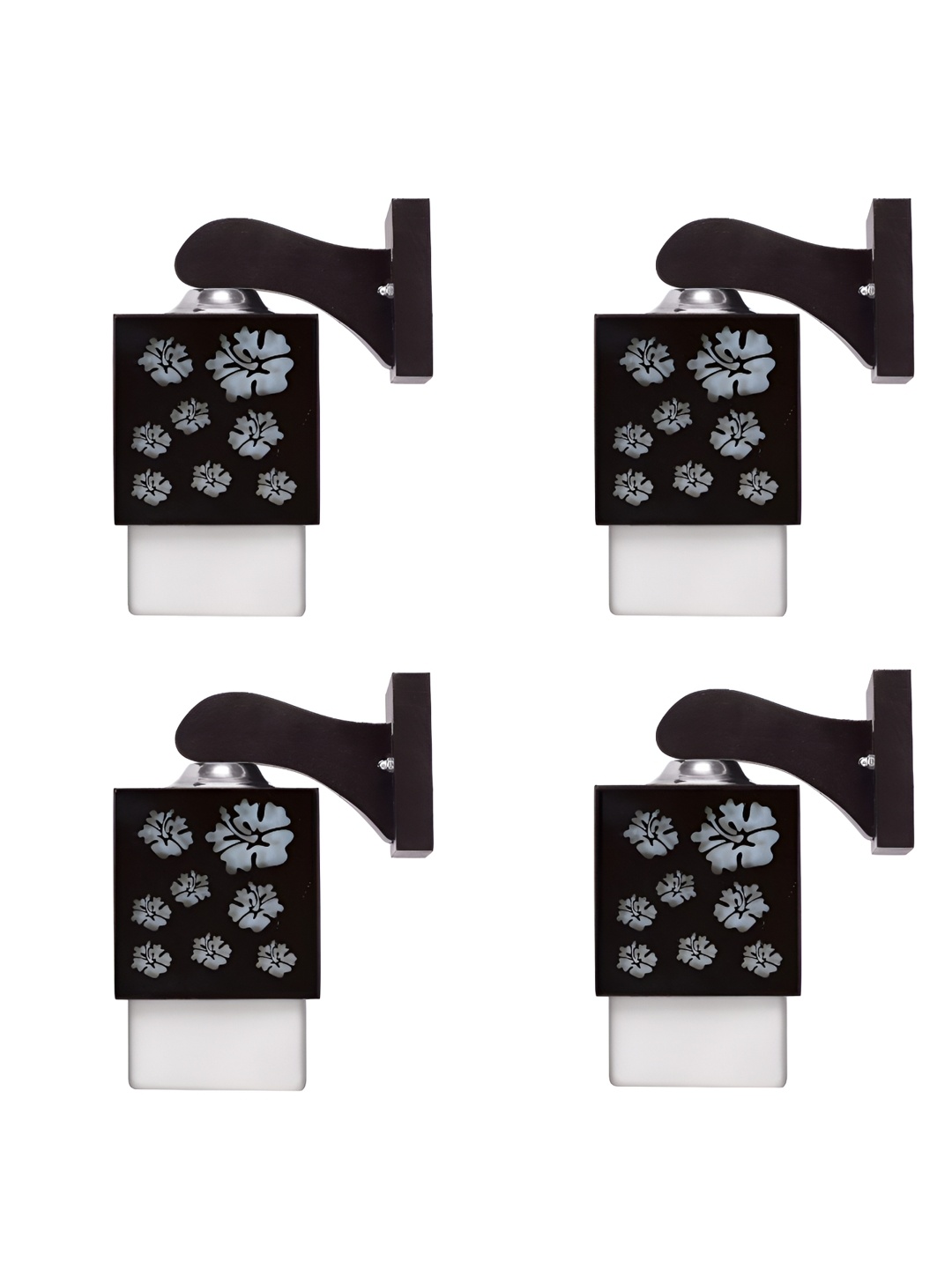 

Gojeeva Black & White 4 Pieces Floral Textured Square Shaped Wooden Wall Lamps