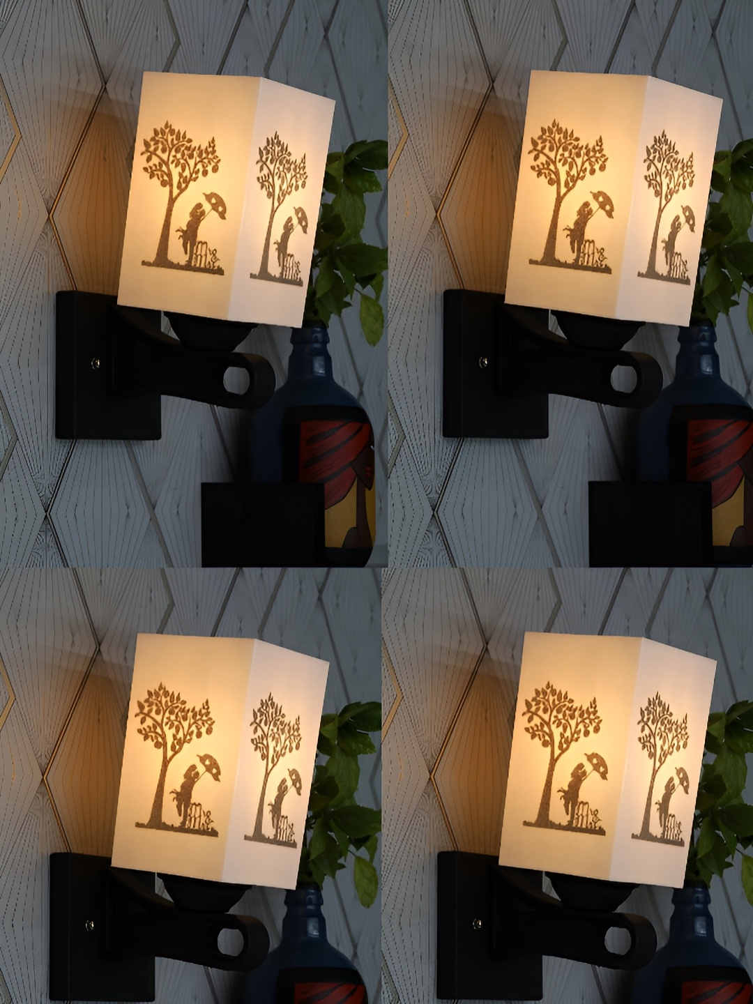 

Gojeeva Black & White 4 Pieces Printed Square Shaped Wall Lamps