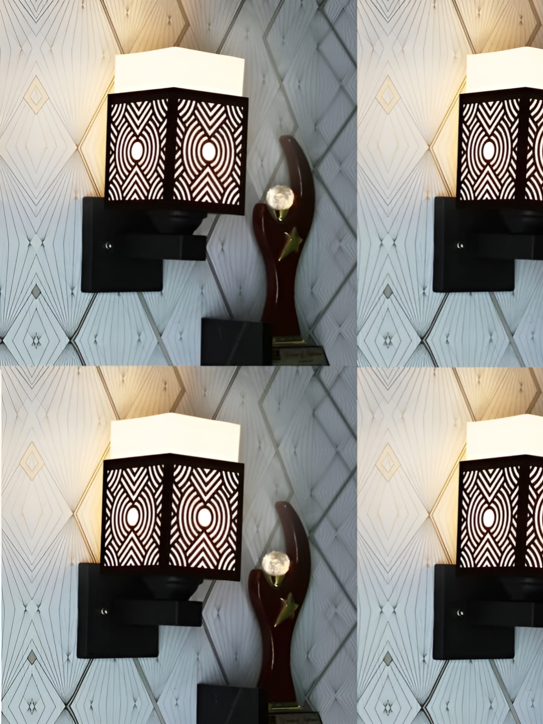 

Gojeeva Black & White 4 Pieces Textured Wooden Rectangle Shaped Wall Lamps