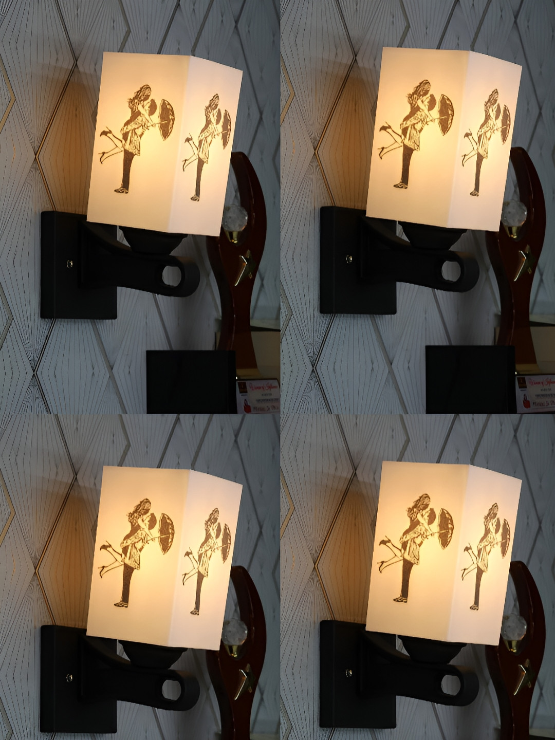 

Gojeeva Black & White 4 Pieces Printed Square Shaped Wall Lamps