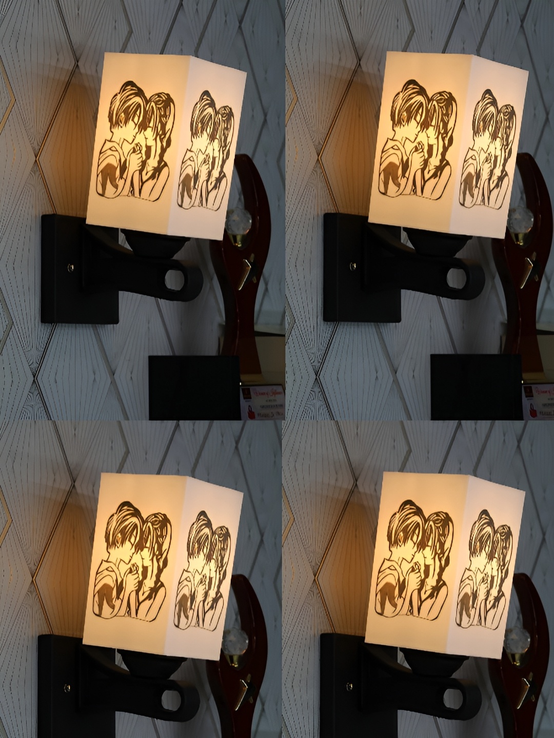 

Gojeeva White & Black 4 Pieces Printed Square Shaped Metal Wall Lamps