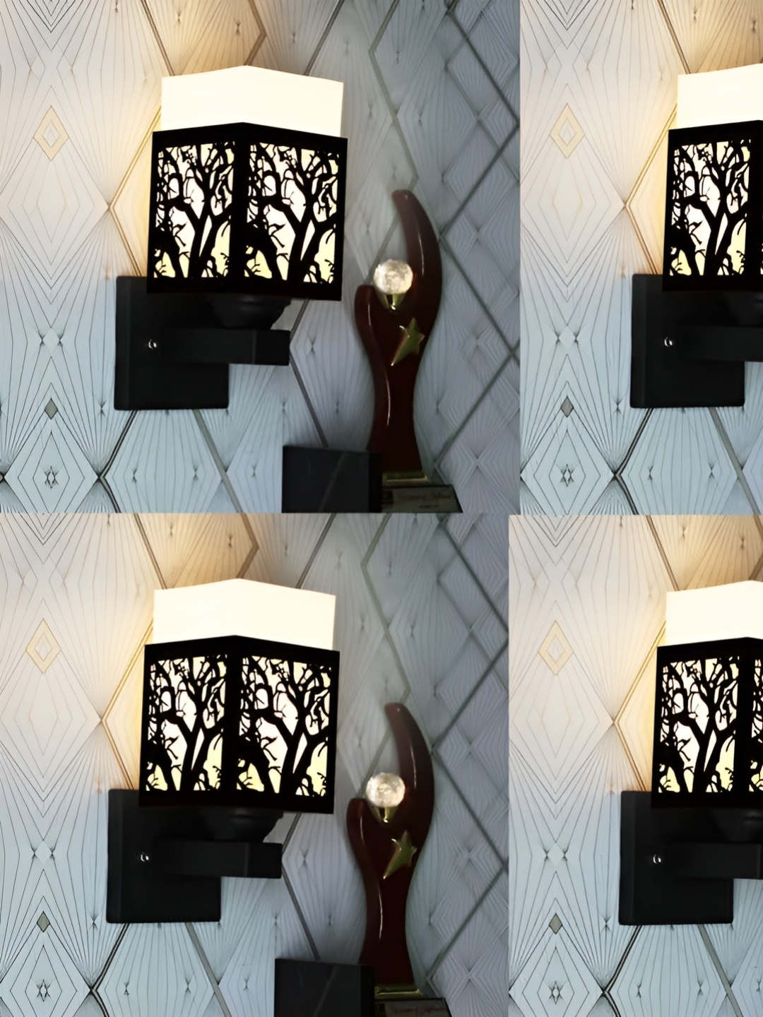 

Gojeeva Black & White 4 Pieces Textured Wooden Rectangle Shaped Wall Lamps