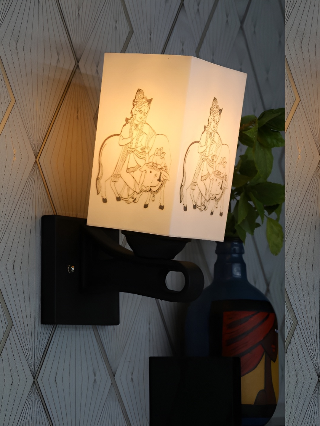 

Gojeeva Black & White 2 Pieces Printed Wooden Square Shaped Wall Lamps