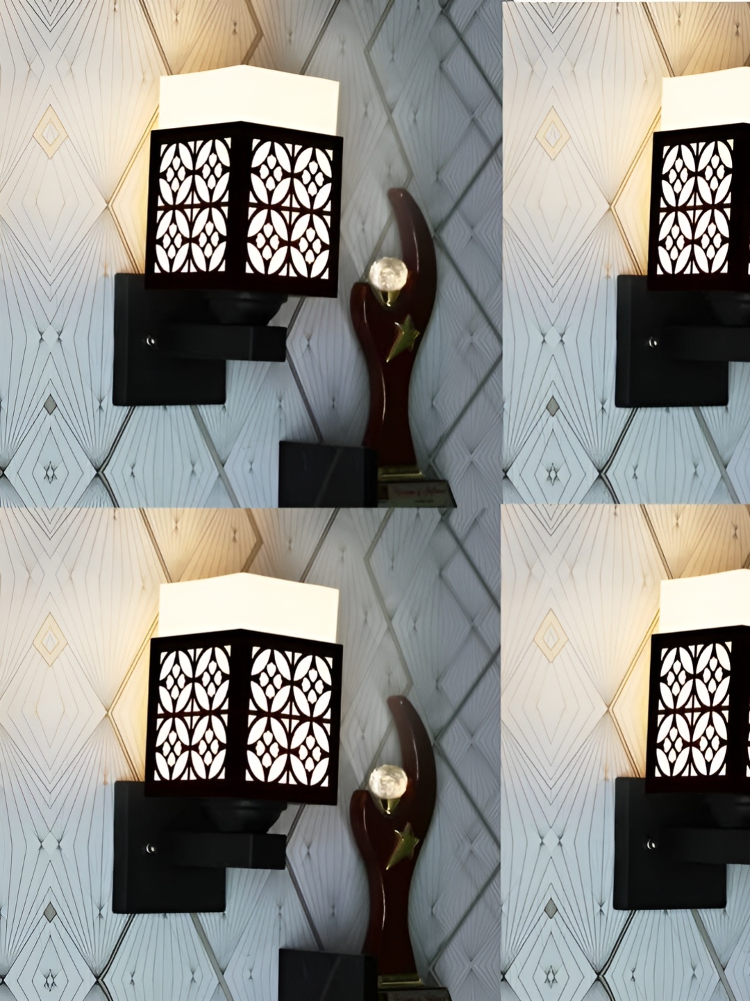 

Gojeeva Black & White 4 Pieces Textured Wooden Rectangle Shaped Wall Lamps