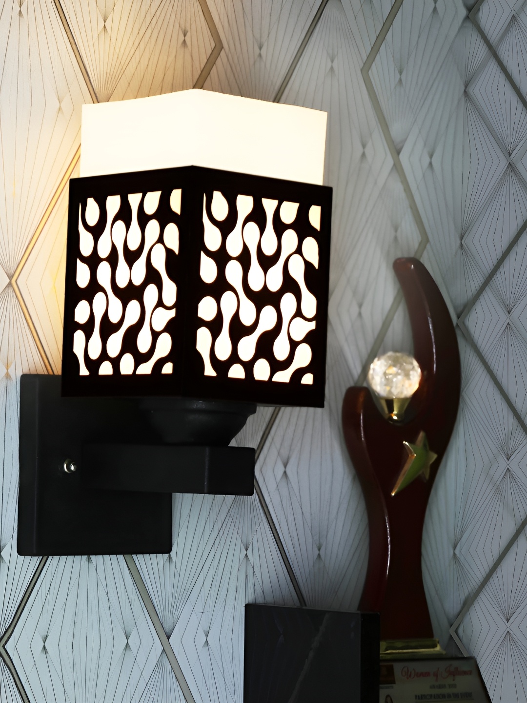 

Gojeeva Black & White Textured Rectangle Shaped Wooden Wall Lamp