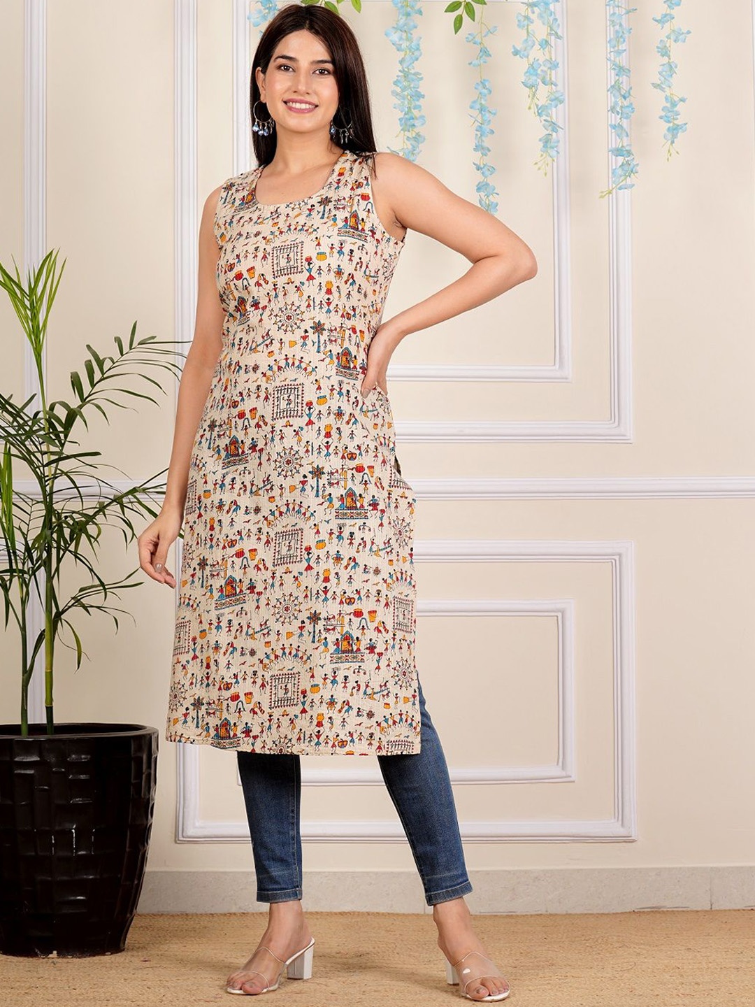 

SANTOLIYA Ethnic Motifs Printed Round Neck Kurta, Beige