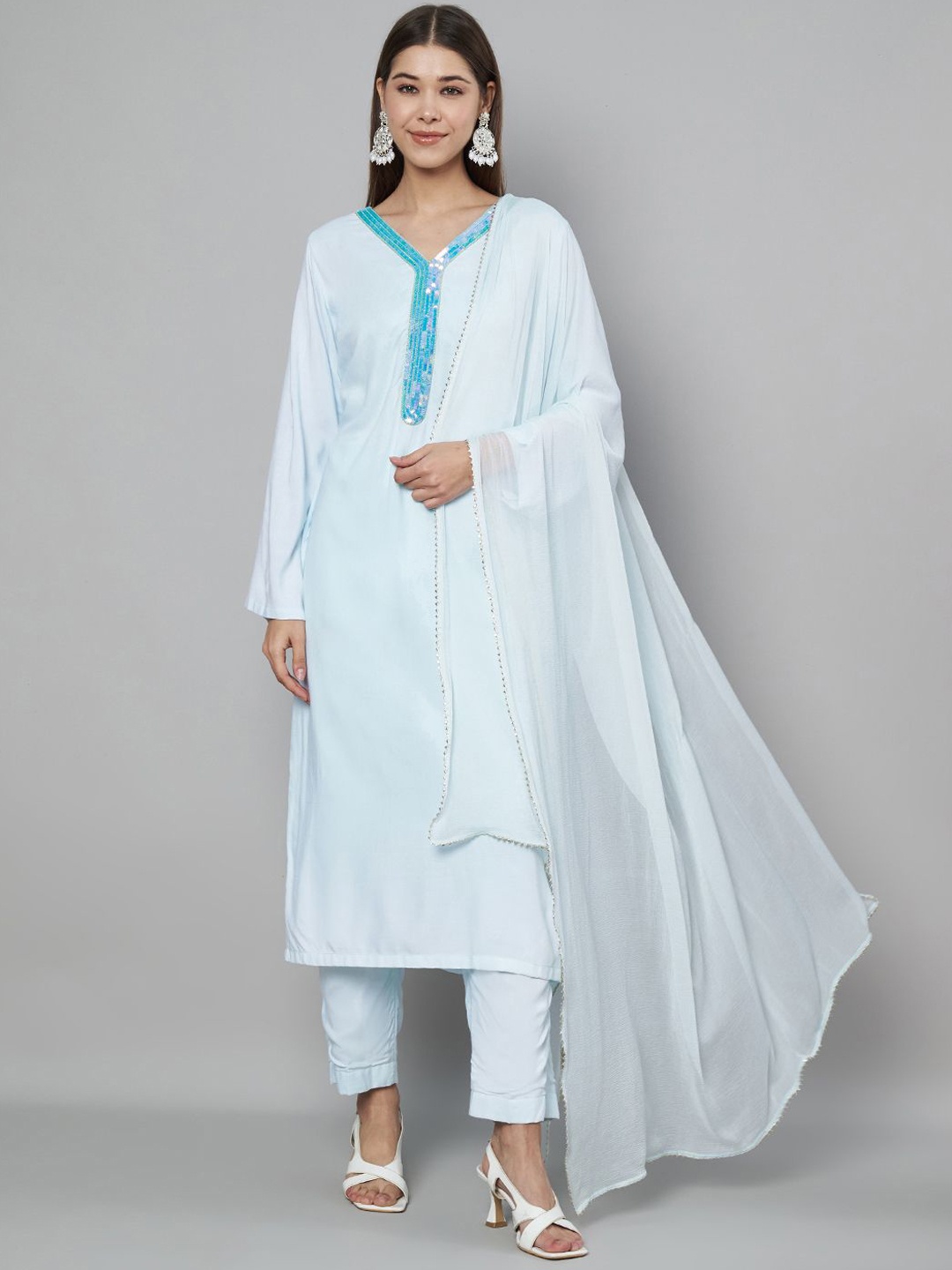 

Moda Rapido V-Neck Sequinned Straight Kurta With Trousers & Dupatta, Blue