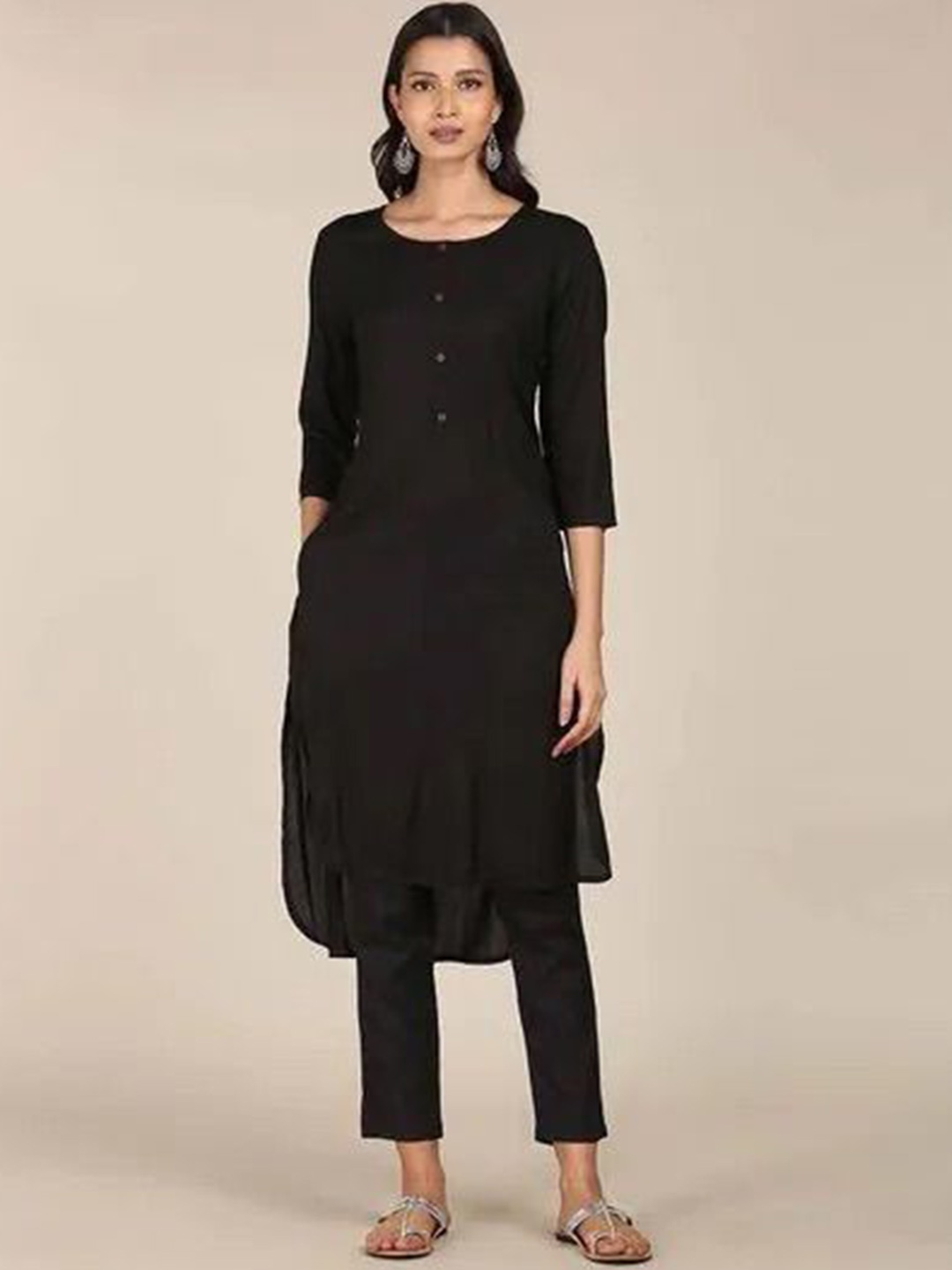 

Moda Rapido Round Neck Straight Kurta With Trousers & Dupatta, Black