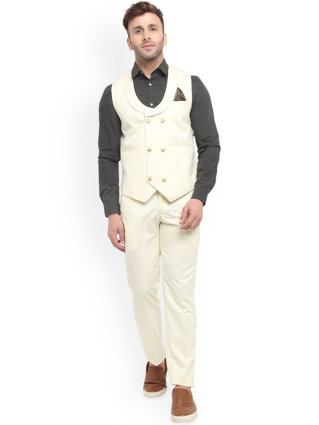 

READYON Men Double-Breasted Two-Piece Suit, Cream