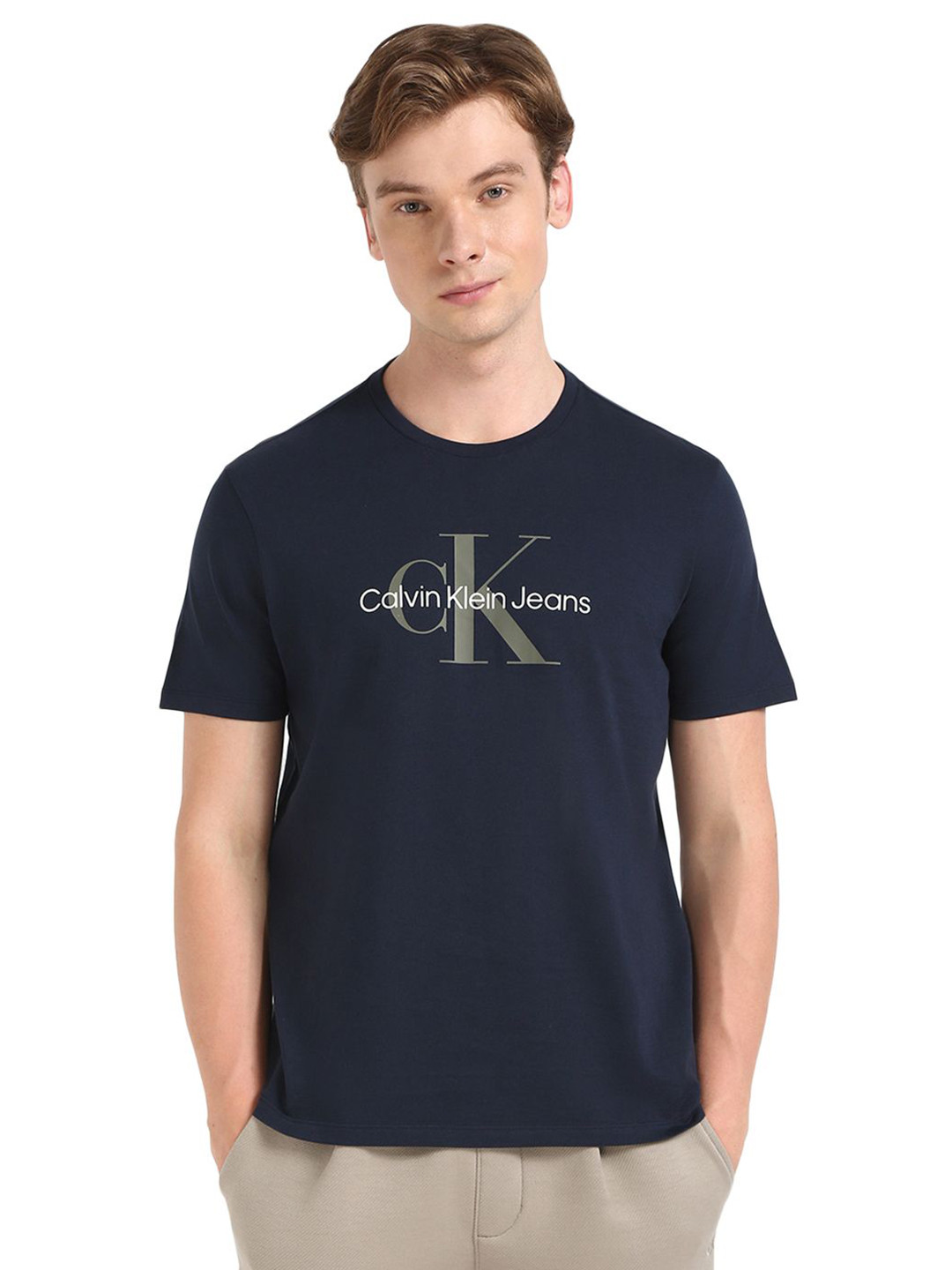 

Calvin Klein Jeans Men Typography Printed Round Neck Cotton T-shirt, Blue