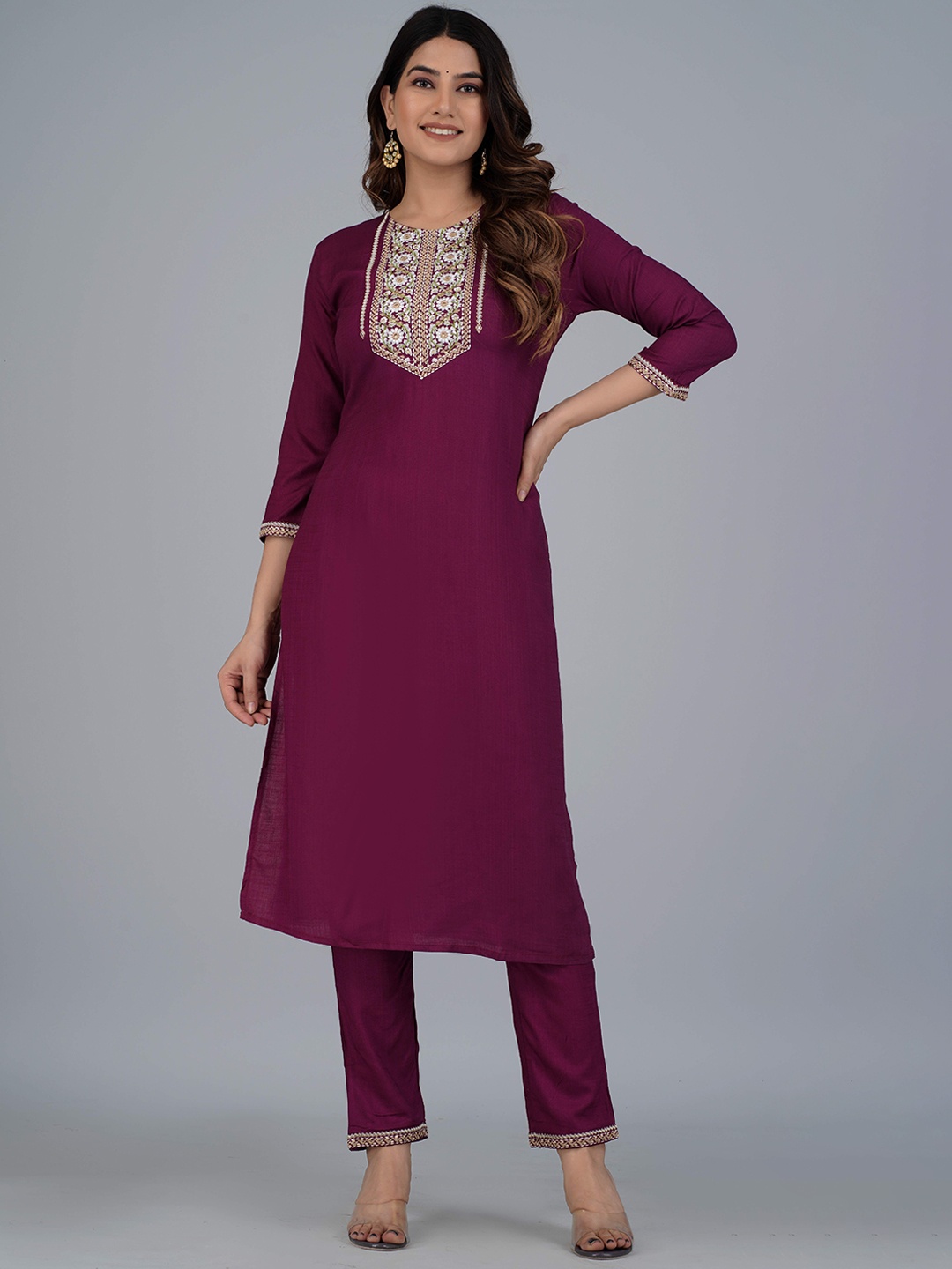 

Mishree Collection Floral Embroidered Round Neck Straight Kurta With Trousers, Burgundy