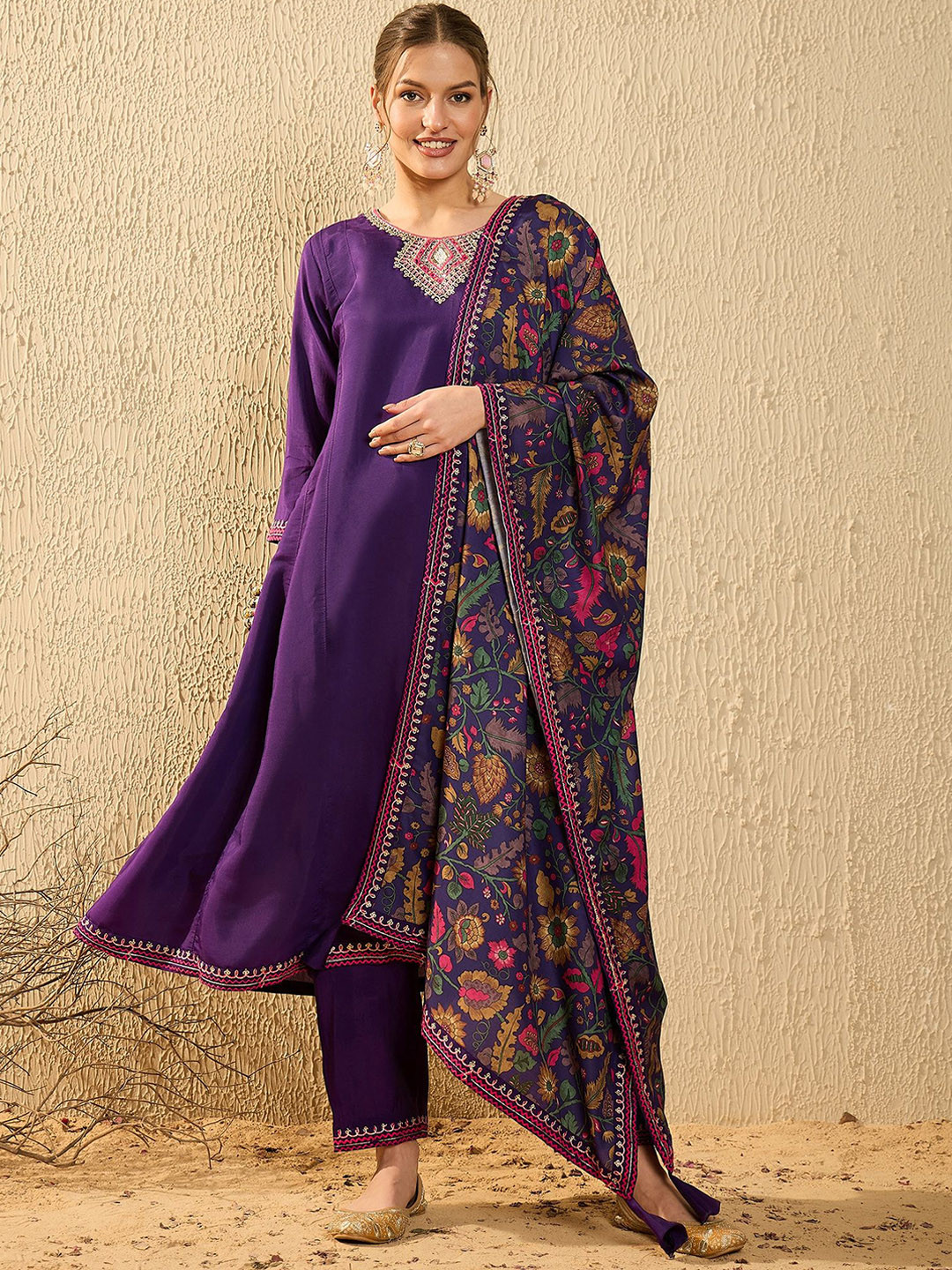 

SERONA FABRICS Floral Embroidered Pure Silk Anarkali Kurta With Trouser And Dupatta, Purple