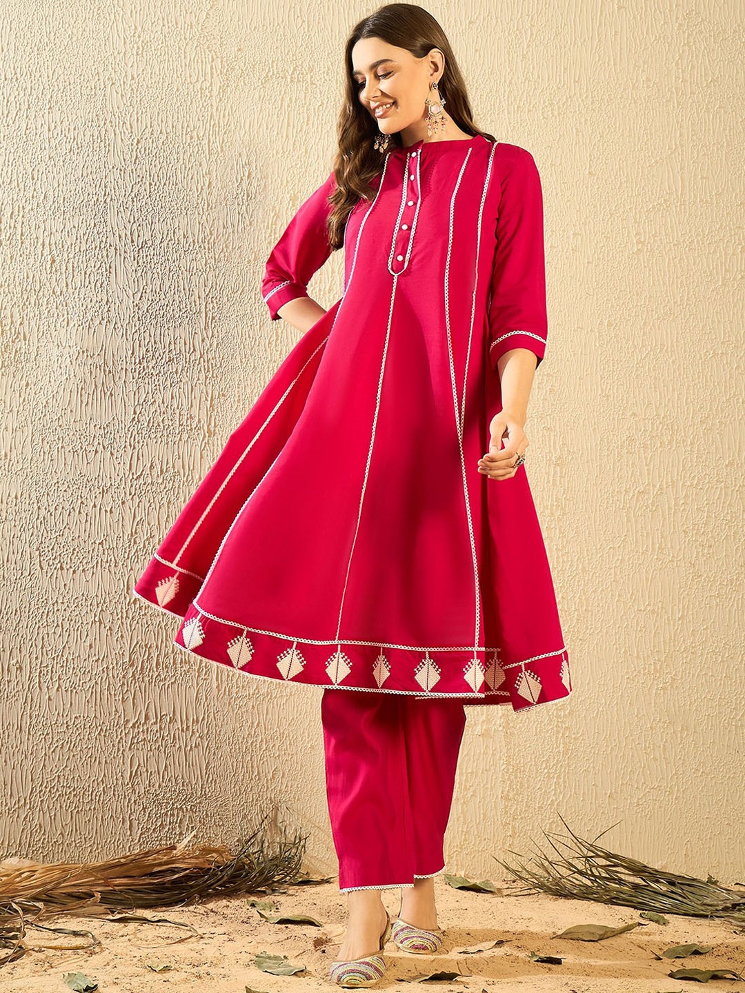 

SERONA FABRICS Band Collar Pure Silk A-line Kurta With Trouser, Pink
