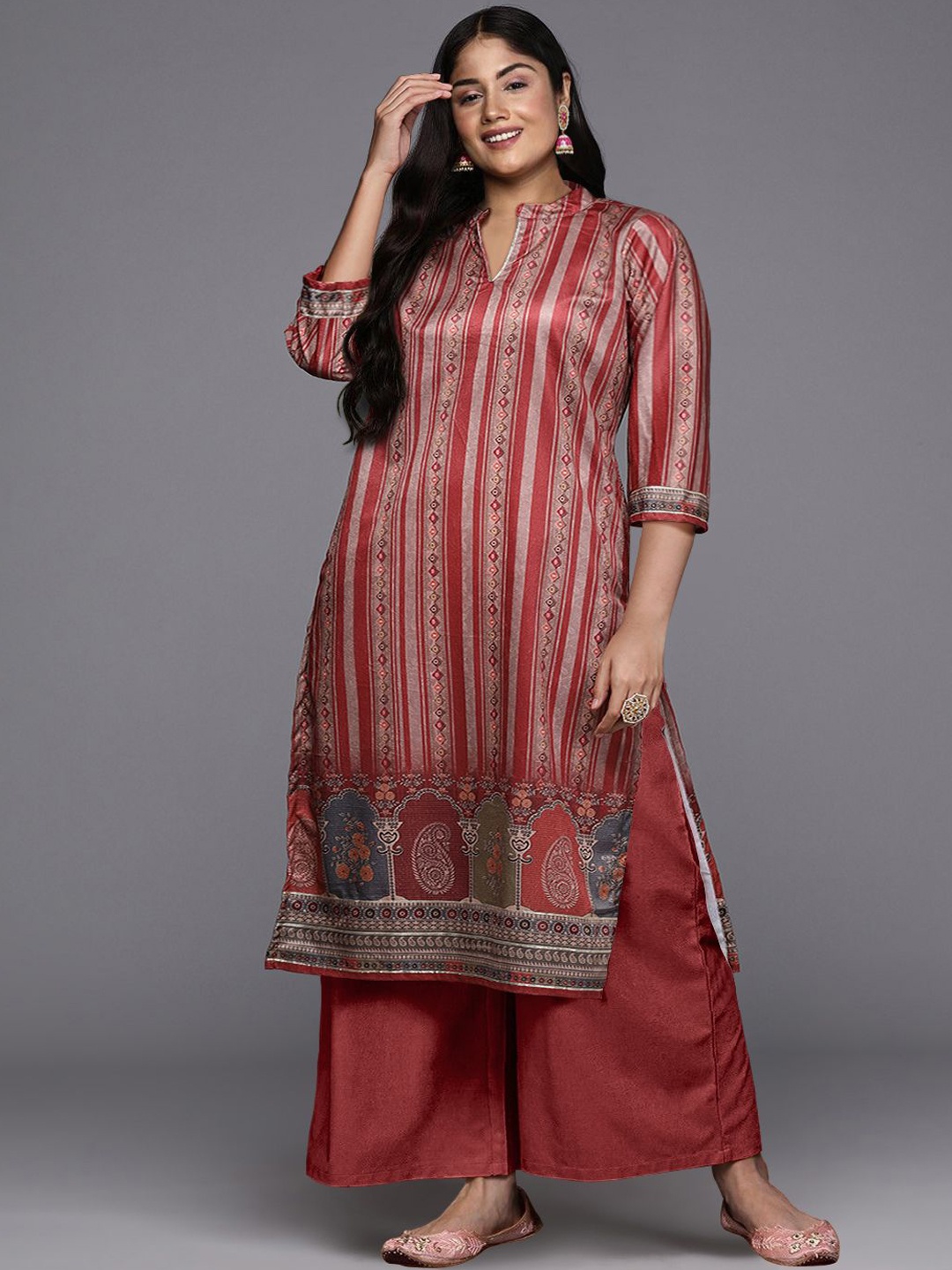 

A PLUS BY AHALYAA Ethnic Motifs Printed Mandarin Collar Velvet Kurta With Palazzos, Maroon