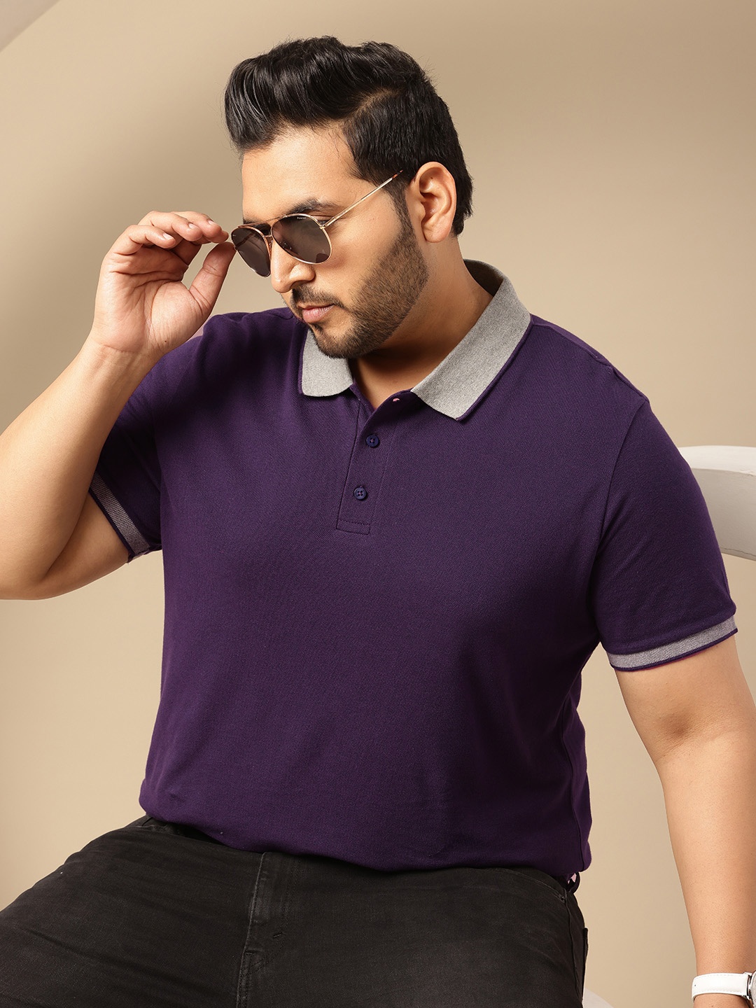 

Sztori Plus Size Contrast Polo Collar Pure Cotton T-shirt, Purple