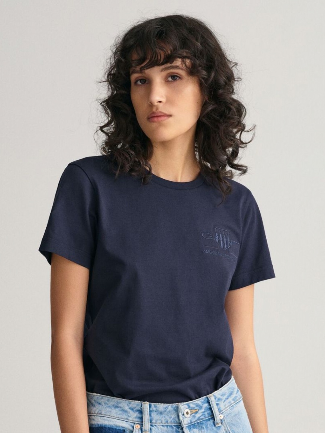 

GANT Women Solid Round Neck Cotton T-shirt, Navy blue