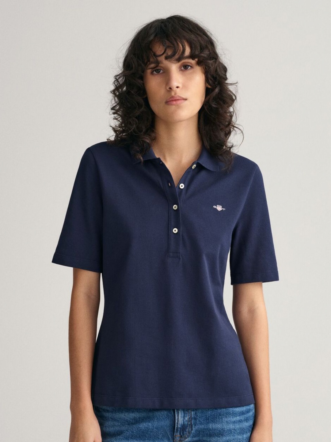 

GANT Women Solid Polo Collar Pique Cotton Slim Fit T-shirt, Navy blue