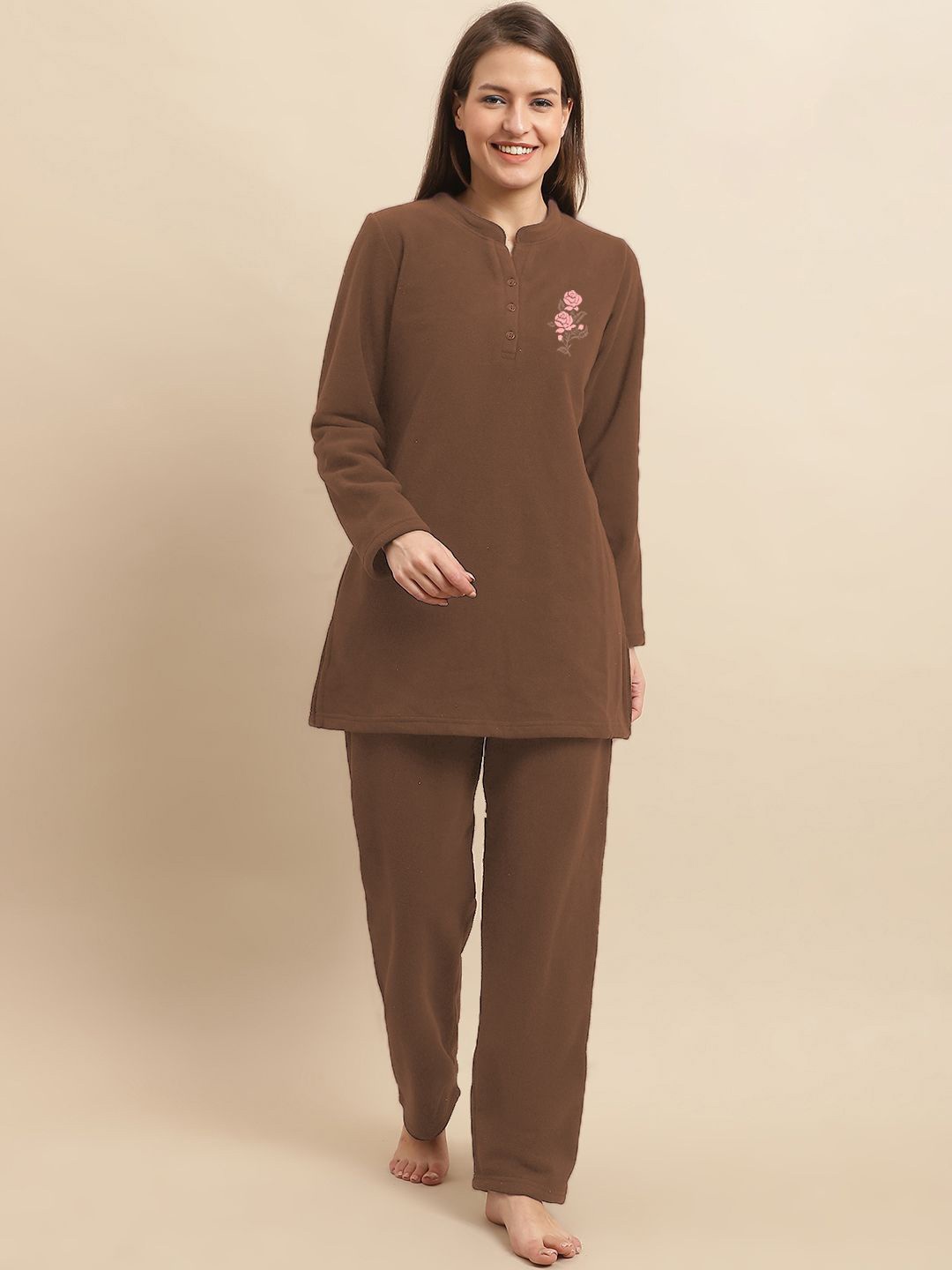 

Aerowarm Women Mandarin Collar Night suit, Brown