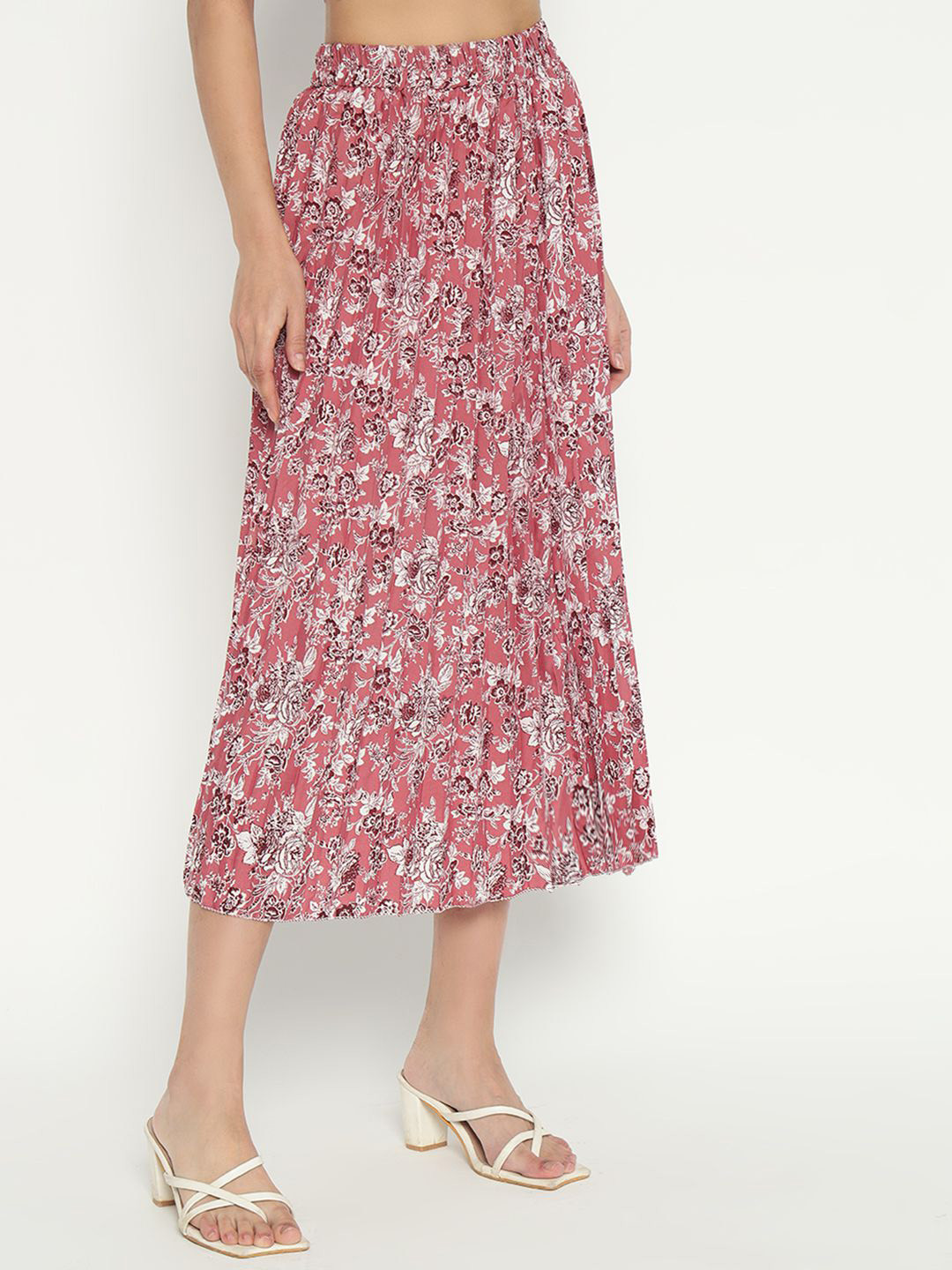 

Raiyani Enterprise Women Floral Printed Pleated A-Line Midi Skirt, Pink