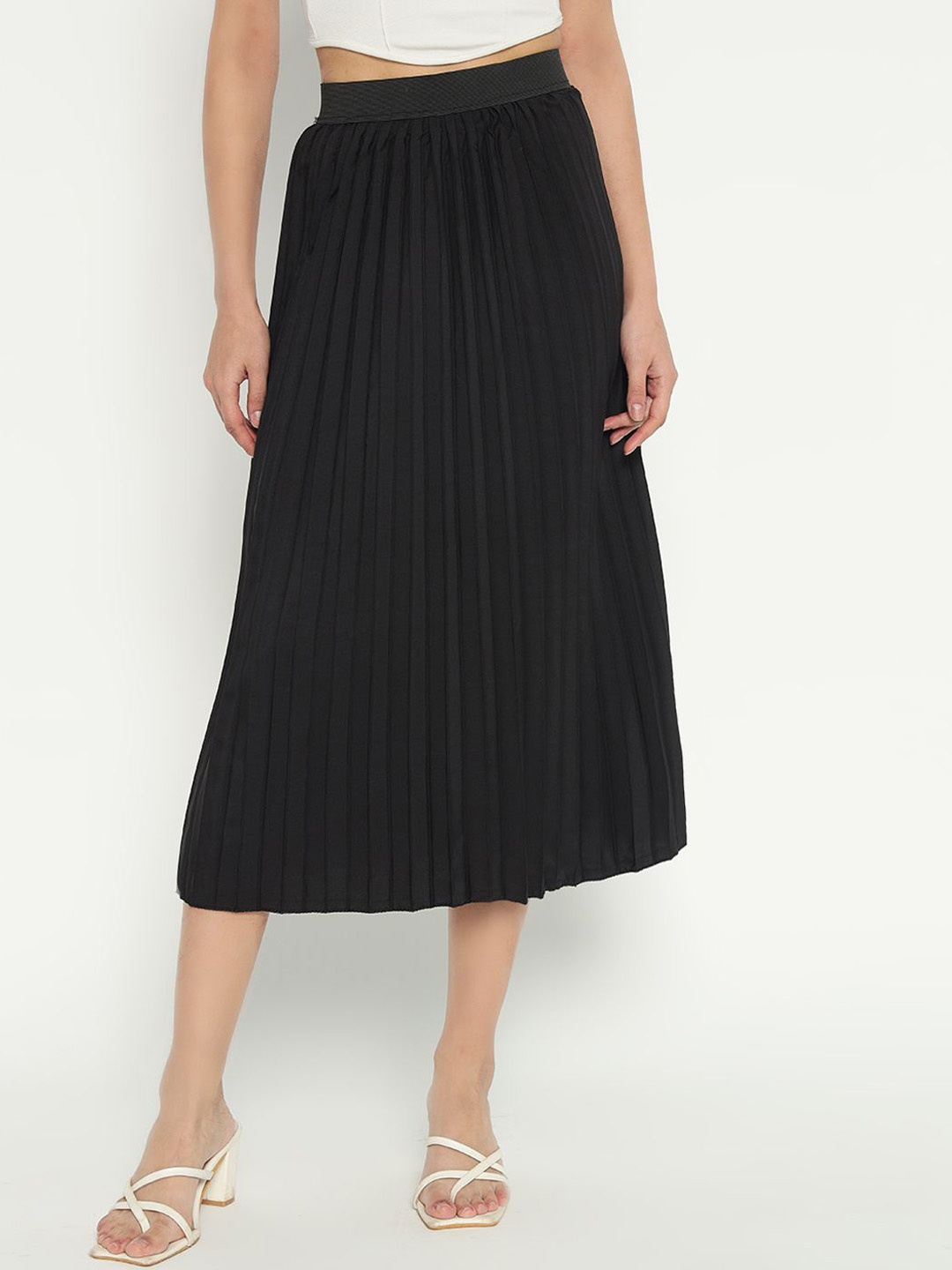 

Raiyani Enterprise Women Pleated Flared Midi Skirt, Black