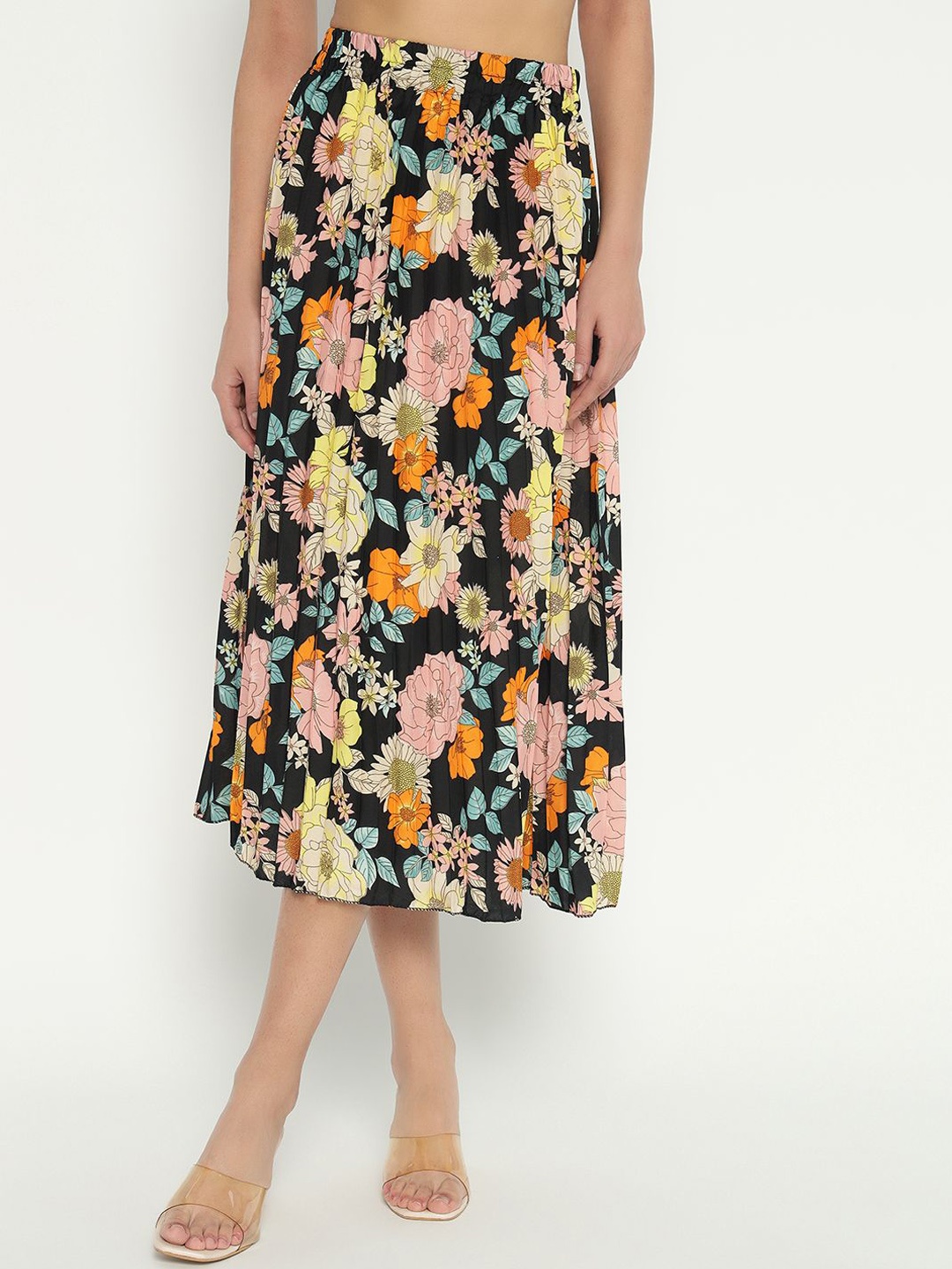 

Raiyani Enterprise Women Floral Printed Pleated A-Line Midi Skirt, Black