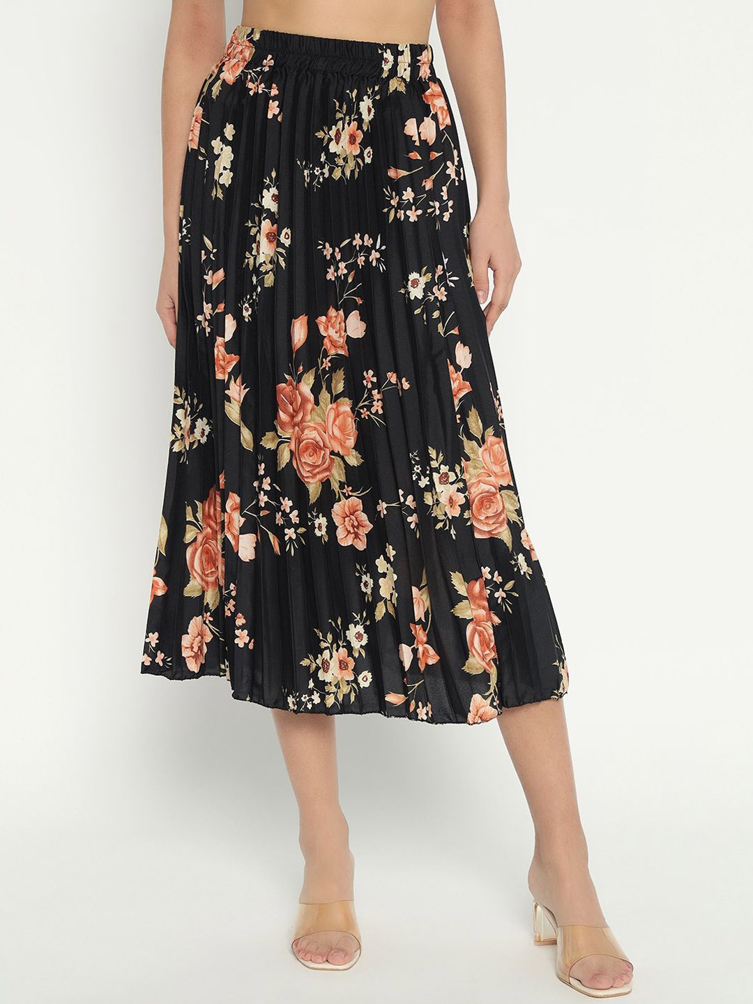 

Raiyani Enterprise Women Floral Printed Pleated Flared Midi Skirt, Black