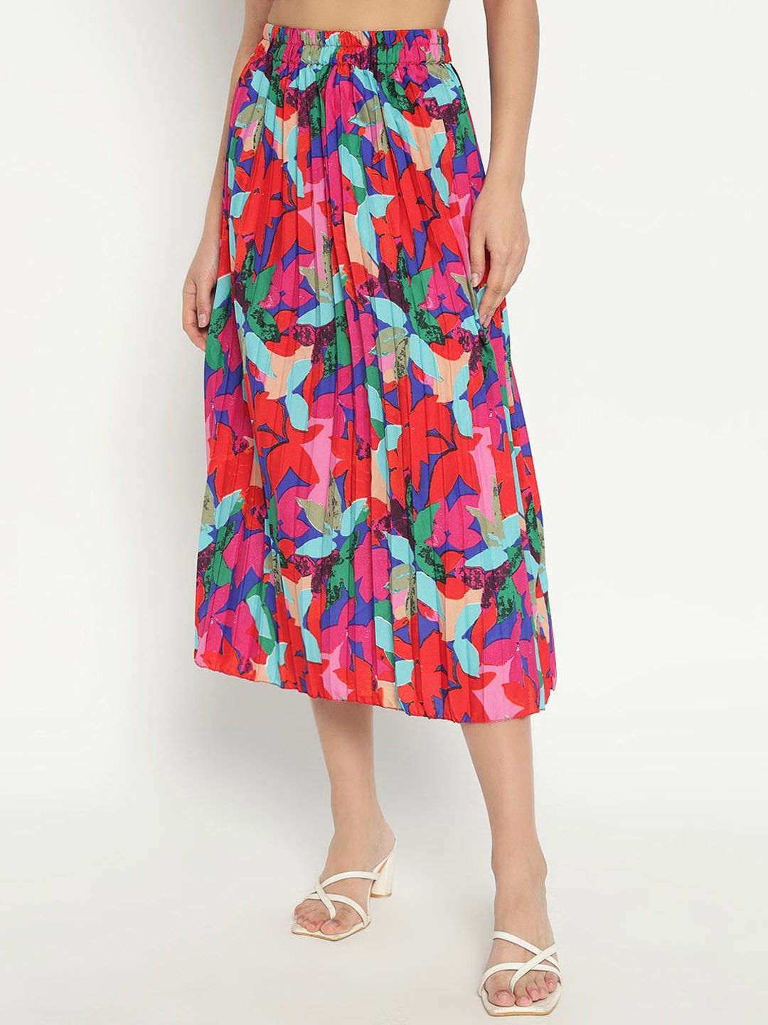 

Raiyani Enterprise Women Floral Printed Accordion Pleats Midi A-Line Skirt, Pink